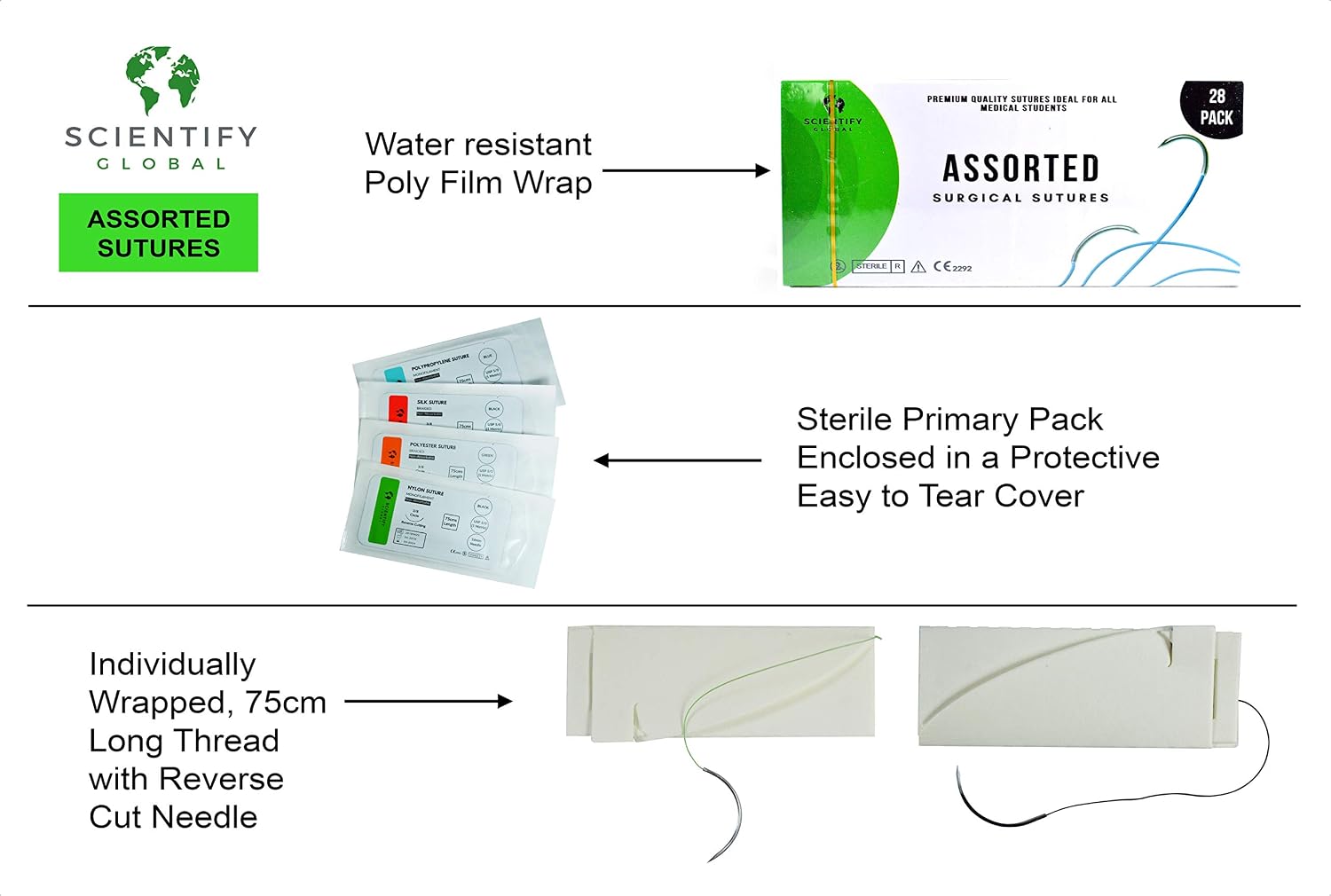 Sterile Suture Thread with Needle with Tools - for Medical, Dental, Veterinary, Nursing Student Suturing Skills Practice Kit and Suture Pad - Sutures with Threads Attached to Needles