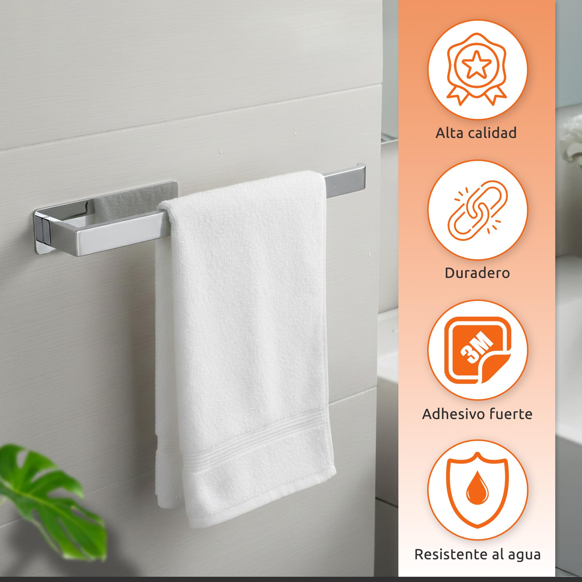 ECENCE Toalleros de Baño sin Taladro Cromo 38cm - Colgador de Toallas con Adhesivo en Acero Inoxidable 304, Antióxido para Cocina y Aseo