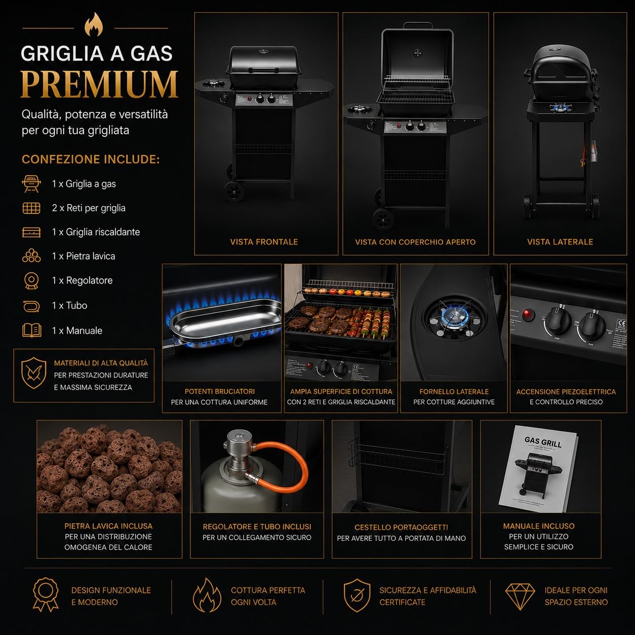 Barbecue a Gas con Pietra Lavica 2 Bruciatori + Fornello Laterale 8kW Area di Cottura 48 × 37cm Griglia in Acciaio Coperchio con Termometro e Ruote per Giardino