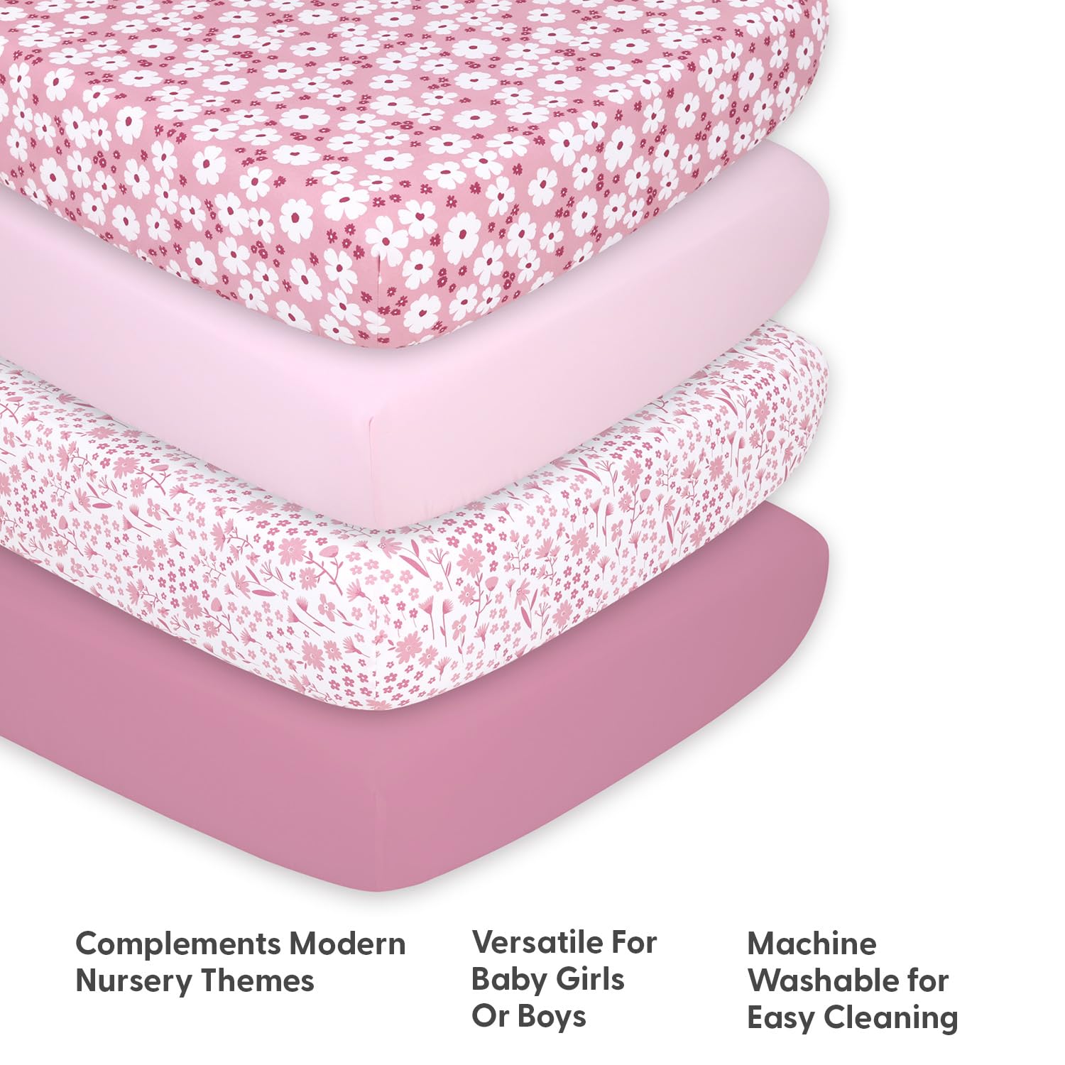 The Peanutshell Sábanas de cuna para niñas, juego de sábanas bajeras para bebé, colchón de cuna de tamaño estándar, 52 x 28 pulgadas, decoración floral de margaritas, paquete de 4 en rosa, blanco