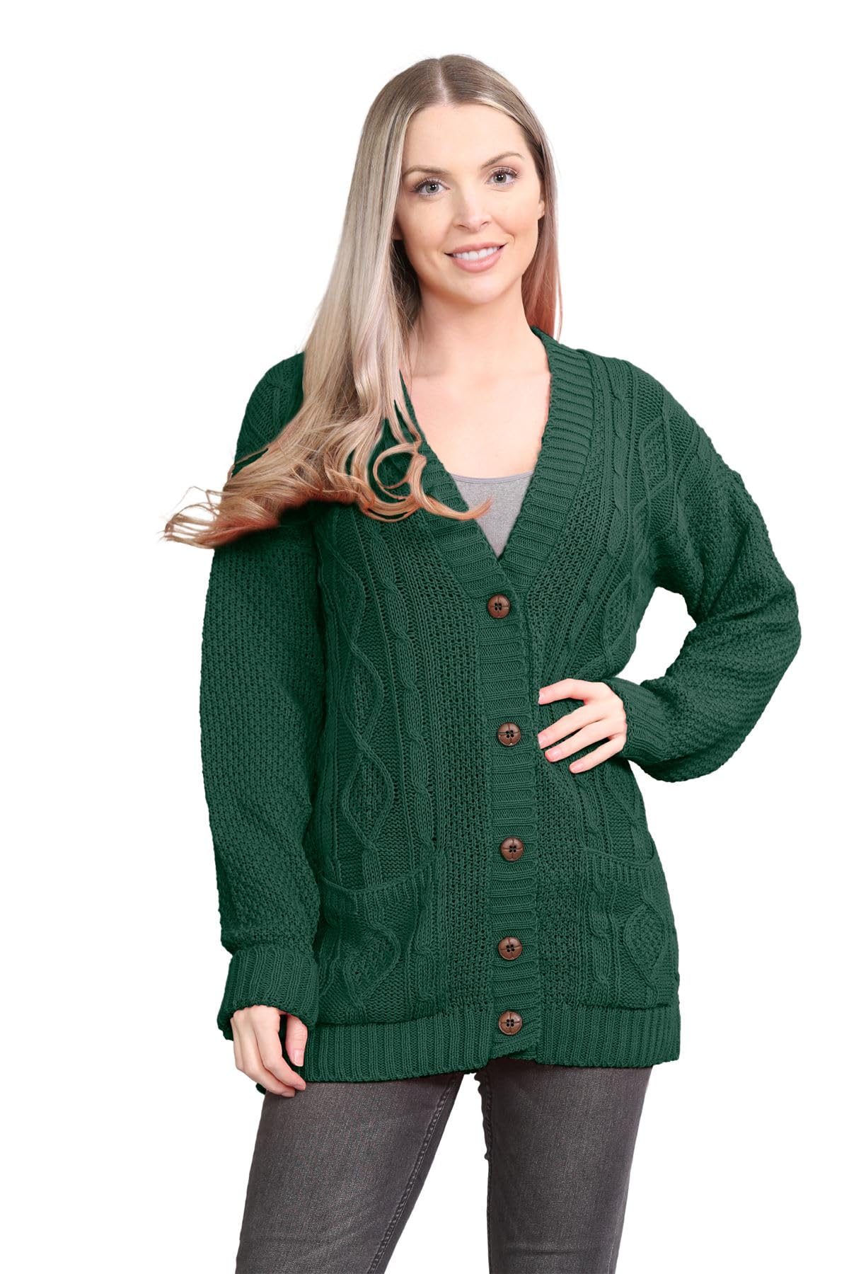 Janisramone Women's Green Janisramone® Long Sleeve Chunky Cardigans For Uk, V Neck Button Up Cable Knit Cardigans, Warm Winter Long Jumpers Top For Casual And Daily Knitwear Cardigan