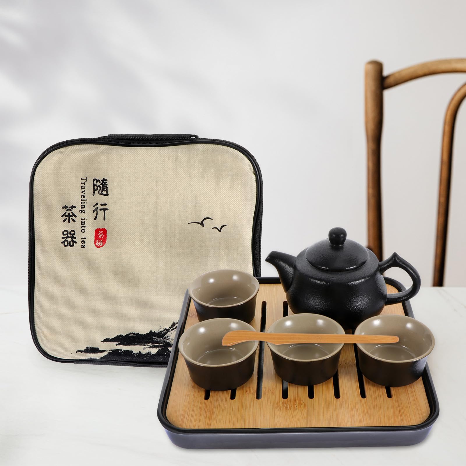 Juego de Té Portátil de Cerámica y Bambú para Viajes