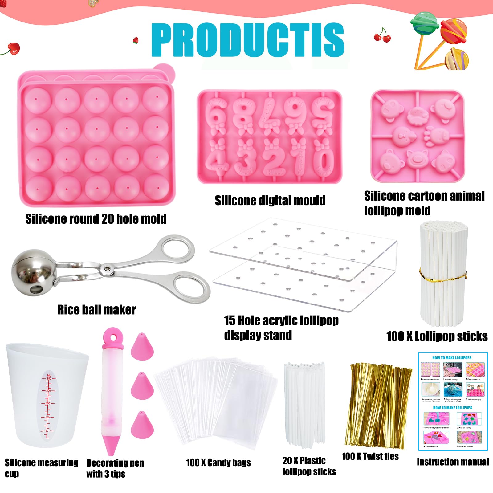 Cake Pop Maker Kit with 100 Cake Pop Sticks, Stand, Bags, Mold, Roller, Silicone Mold Sets, Sticks, Treats, Bags, Twist Ties for Lollipop Candies, Chocolates, Cookies Mothers Day Gifts for Mom