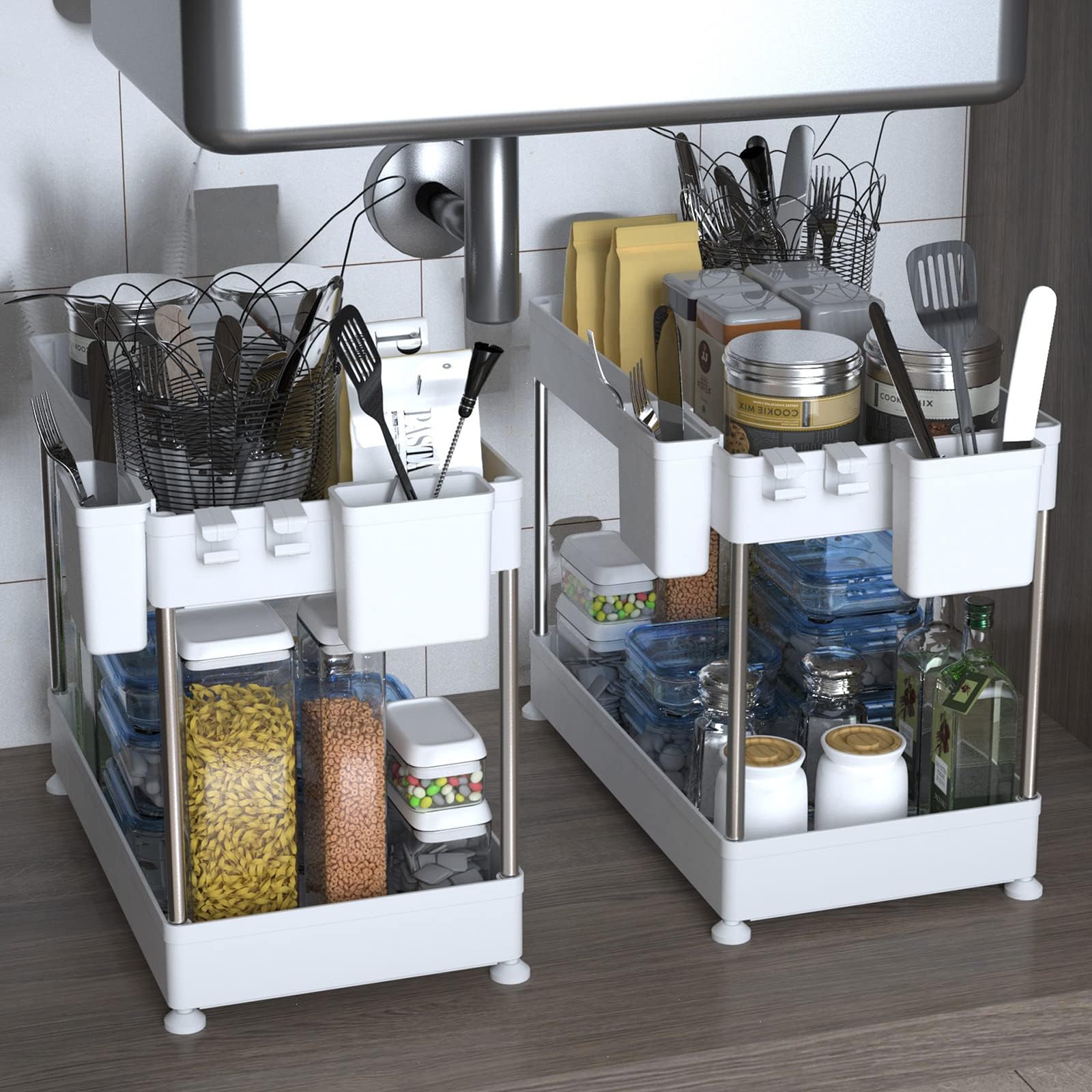 2 Pack Under Sink Organizers and Storage - Venroii 2 Tier Bathroom Kitchen Cabinet Undersink Shelf, Plastic Countertop Rack Tray for New Home House Restroom Apartment Essential Must Have (White)