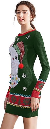Miniatura 4 de v28 Vestido feo tipo suéter de Navidad para mujer, tejido, con divertido diseño de renos.