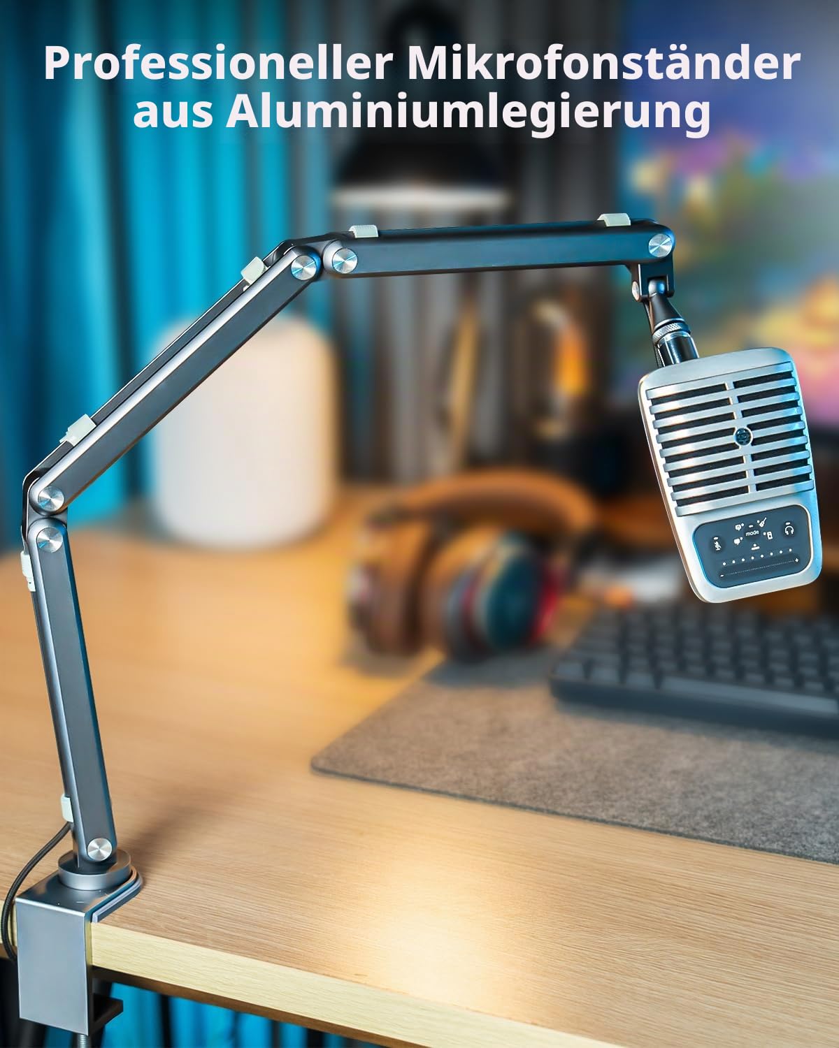 FULAIM Aluminium Mikrofon Arm kompatibel mit RODE Mikrofon, Einstellbarer Mikrofonständer für Shure Mic, Mikrofonarm mit 3/8"- 5/8" Adapter für Game Streaming Podcast Broadcast (Grau)