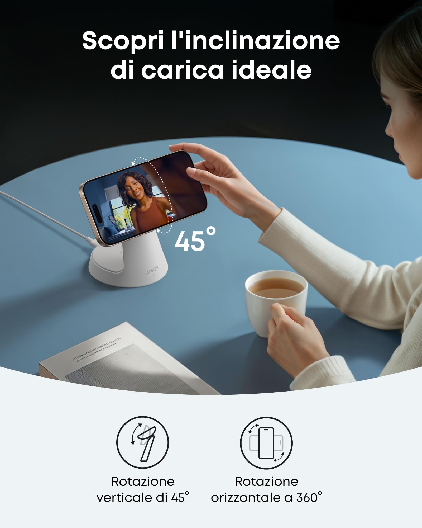 Anker MagGo Caricatore Wireless iPhone Magnetico 15W (Dock Stand), Caricatore Compatibile con MagSafe 3 in 1 Certificato Qi2, per iPhone 17/16/15, Apple Watch, AirPods Pro e altro (Adattatore Incluso)