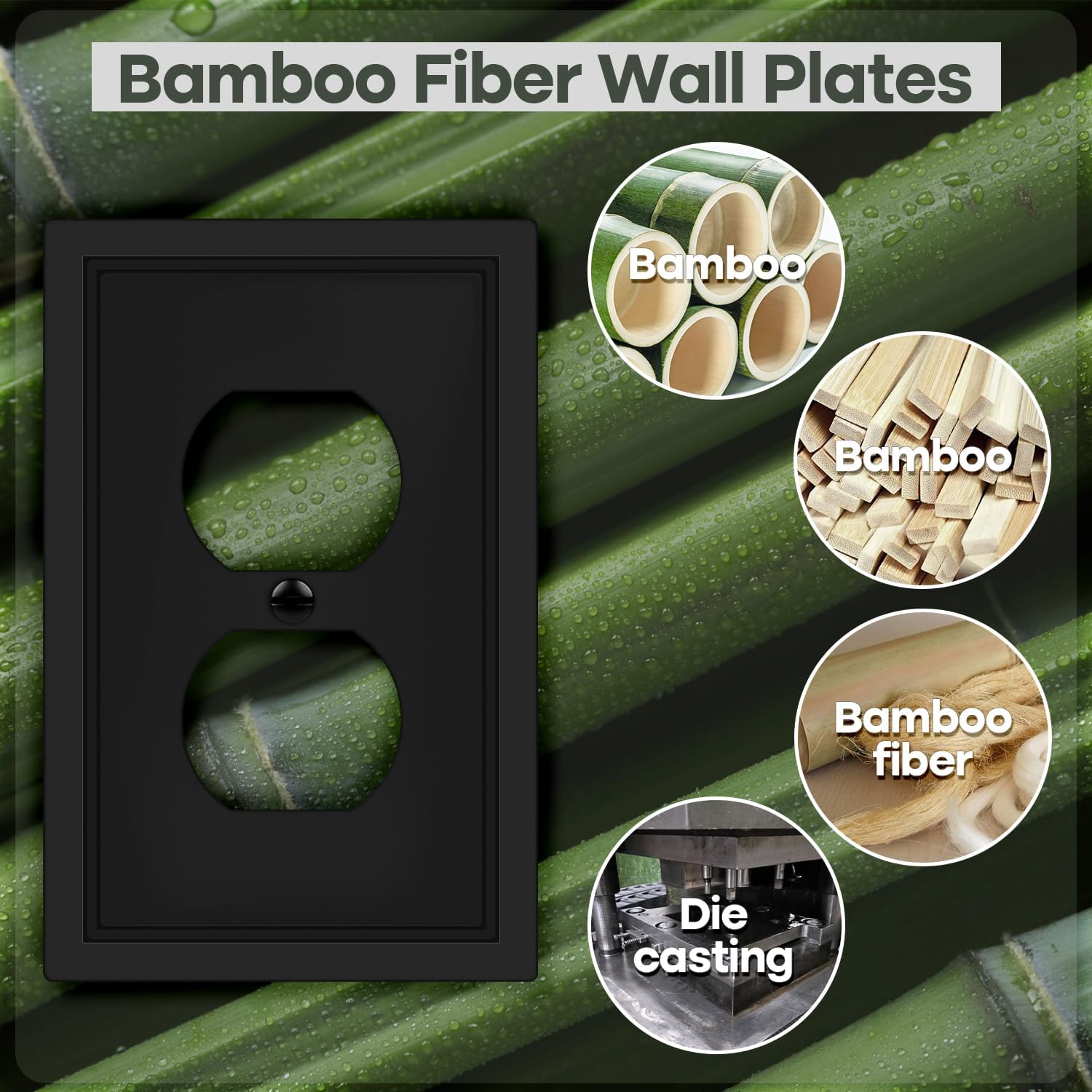 Matte Black Decorative Outlet Cover Wall Plates, Classic Switch Plates and Outlet Covers, Natural Bamboo Fiber Wall Plates for Electrical Outlets, Duplex Receptacle Cover - 4 Pack