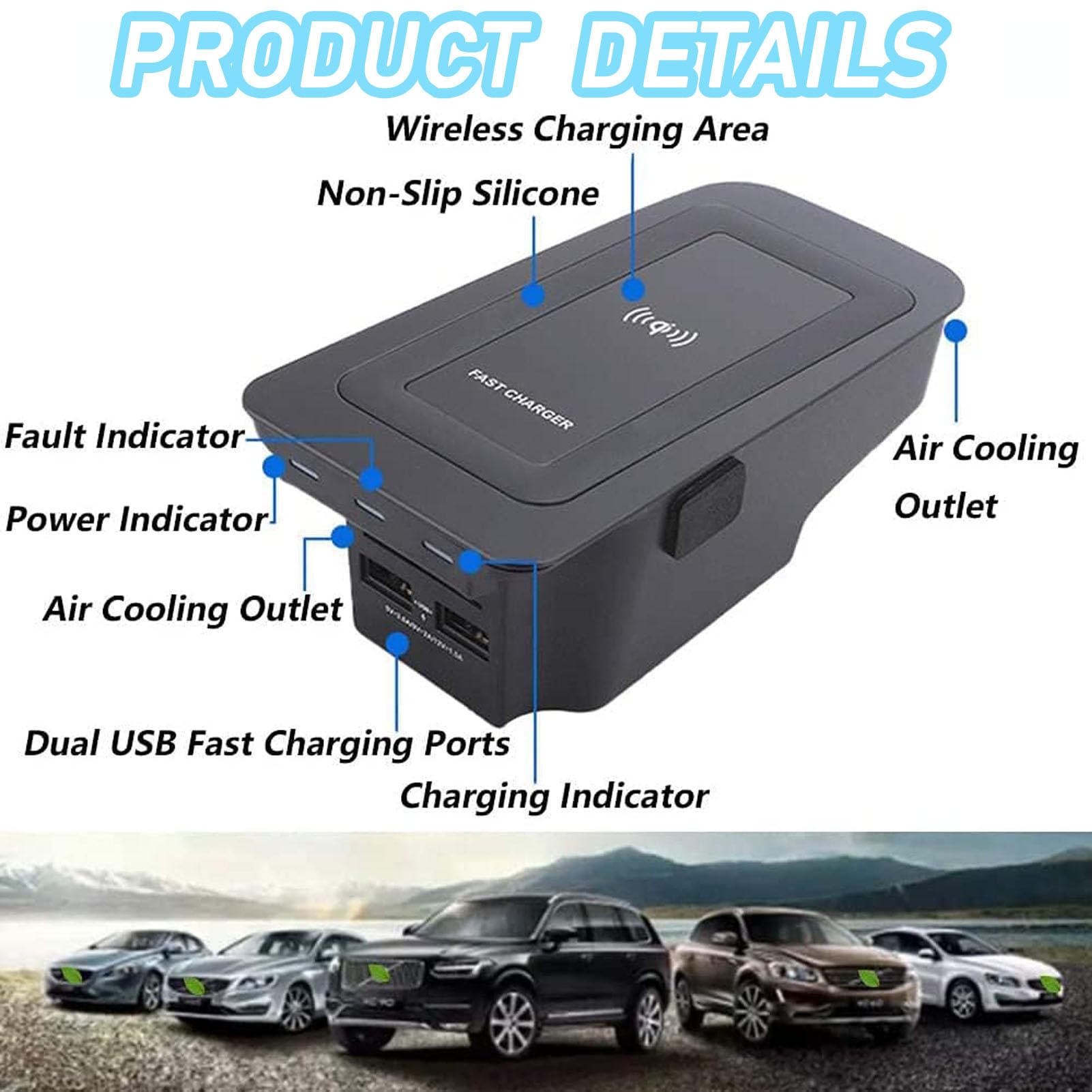 Cenna Caricabatteria per Auto Wireless per Volvo S60 Xc60 V60 S90 V90 Xc90 (2015-2024) Accessorio per Tutti I Modelli con Wireless da 15 W E Doppia USB Qc3.0 Regalo di Ricarica Rapida per La Famiglia