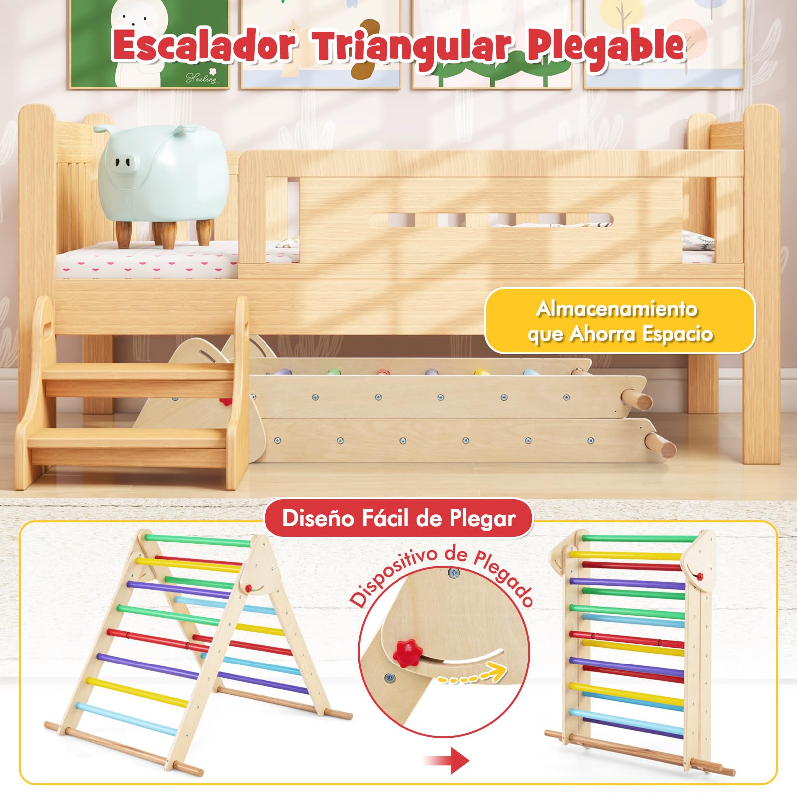 COSTWAY Juego de Triángulo de Escalada para Niños, Triángulo de Escalada Plegable con Rampa Ajustable y Bordes Lisos, Set de Trepa Montessori de Madera para Niños de 1+ Años (Multicolor)