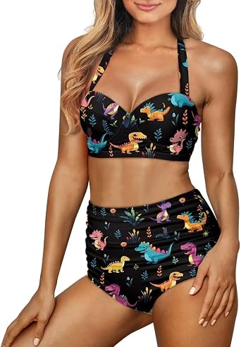 Halter Ruched Swimsuit Set of 2 Womens High Waisted Bikini Sexy Tummy Control Two Piece Swimsuits S-2XL