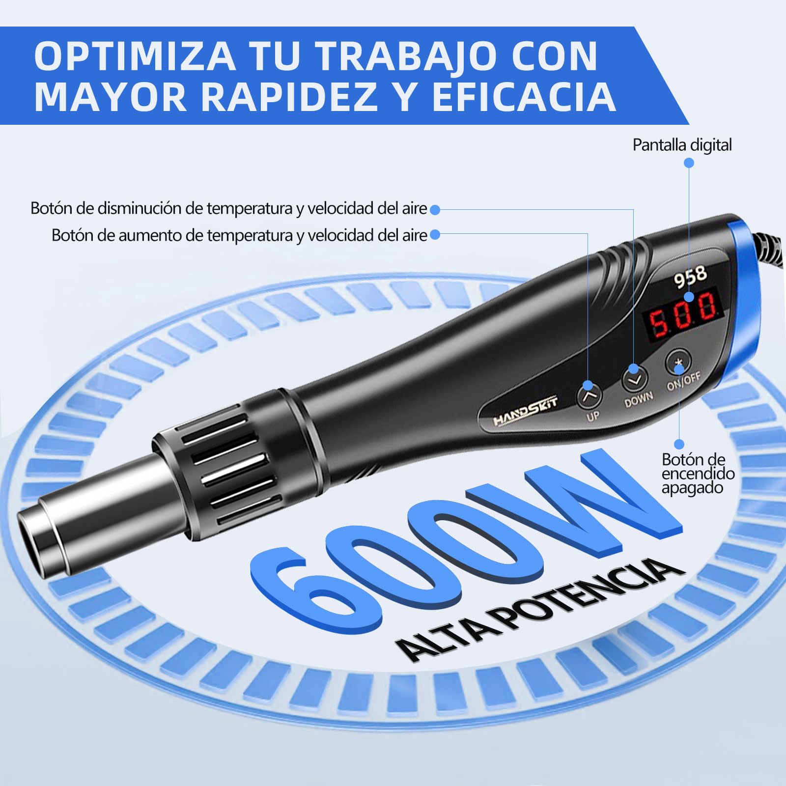 600W Mini Pistola de Aire Caliente Multifunción con Pantalla LED Digital,Pistola de Calor Portátil Temperatura Ajustable 100℃- 500℃,Pistola de Calor con Doble Protección,7 Accesorios de Boquilla