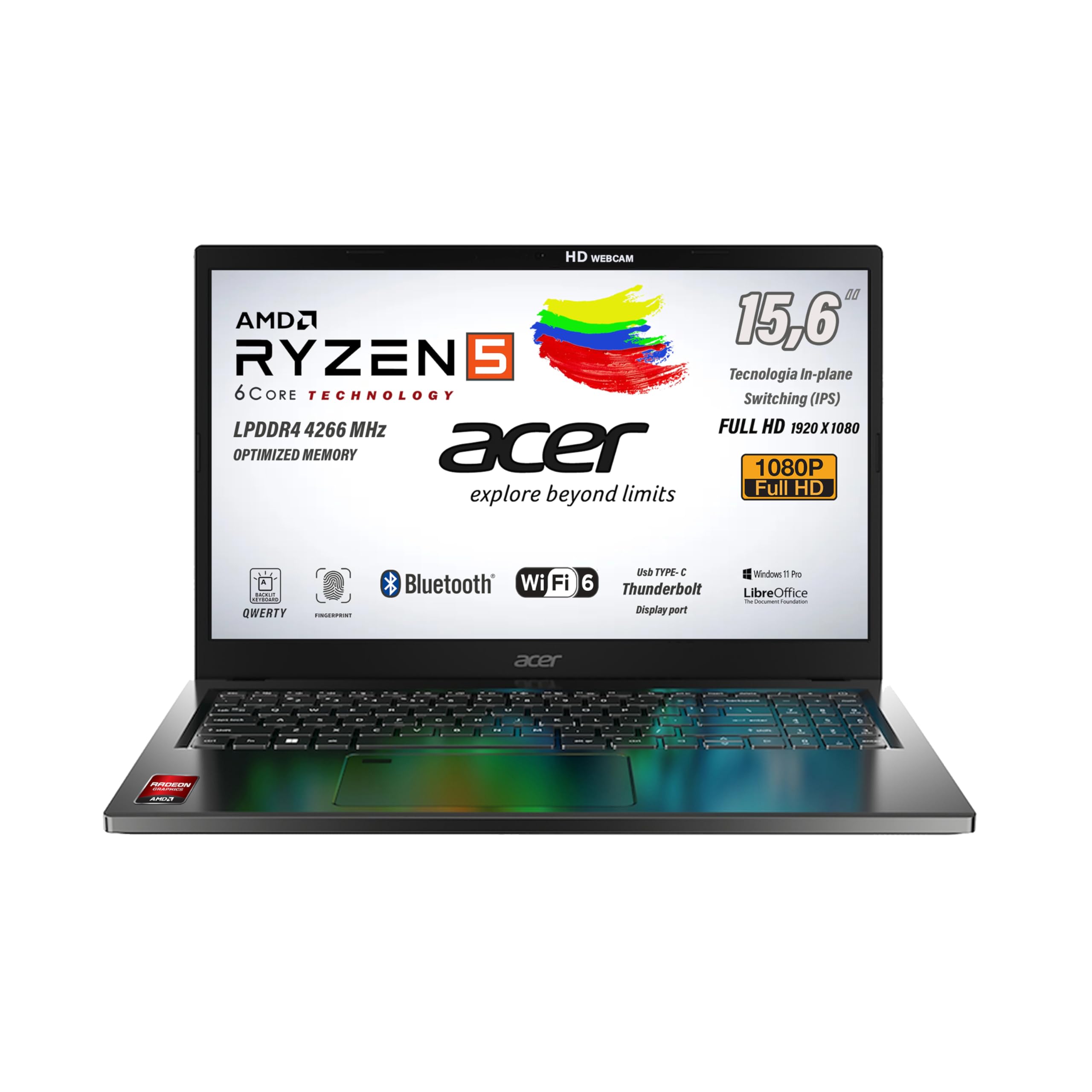 Acer Notebook Aspire Ryzen5 7530u CPU 6Core, fino a 4,5 GHz, RAM 8 Gb LPDDR4 4266 MHz, SSD PCIe NVMe 512Gb, FHD 15,6" IPS, Tastiera Retroilluminata, Fingerprint, Win11Pro, preconfigurato