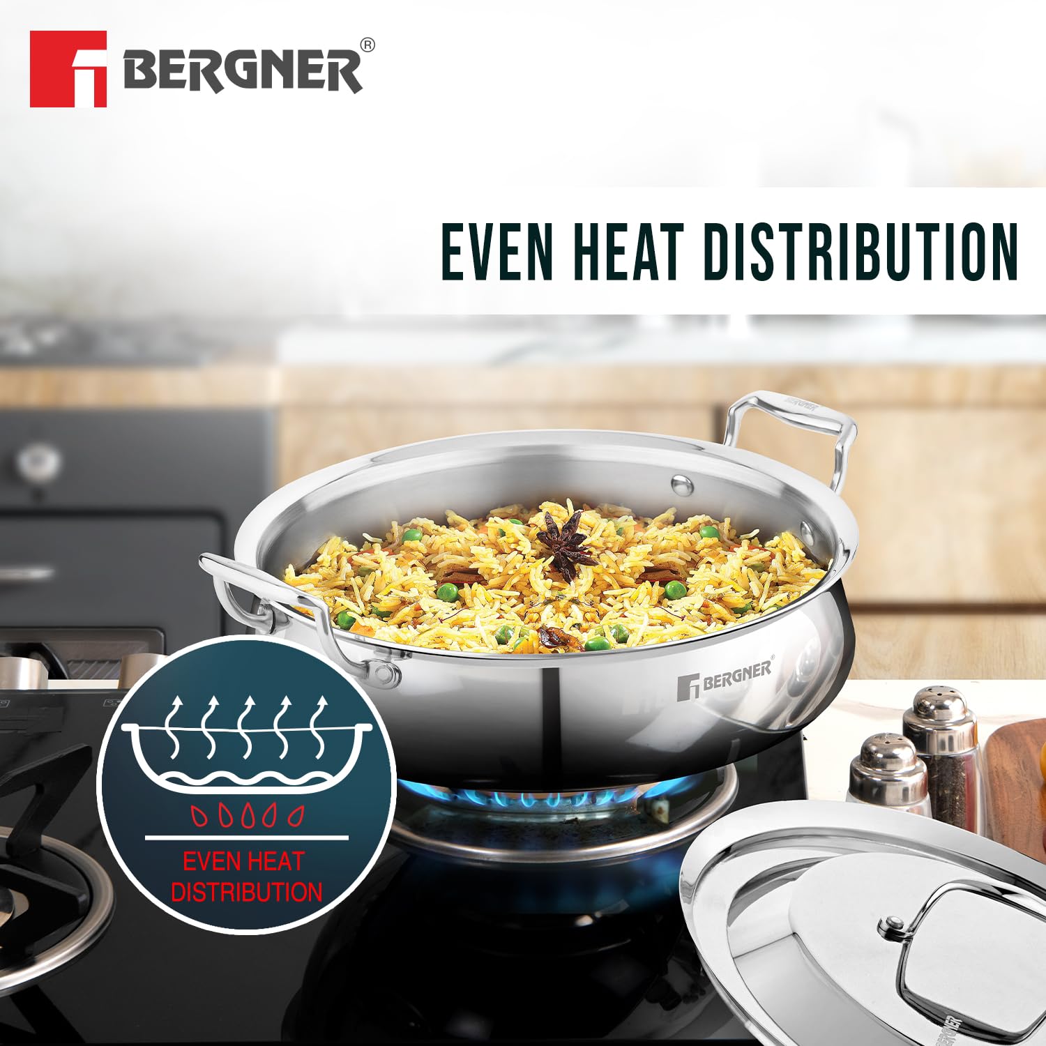 Bergner Argent Samsara Triply Stainless Steel 28cm (4.25 L) Biryani Handi/Cook & Serve Belly Shape Shallow Rice Handi, Consumes Less Oil, Healthy Cooking, Even and Faster Heating - Induction Bottom 4