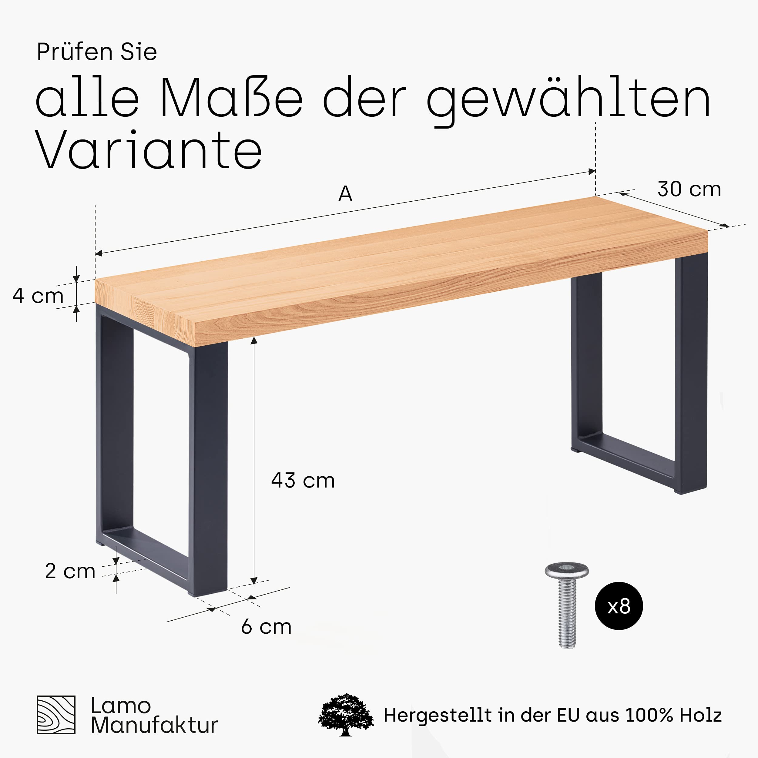 LAMO Manufaktur Banco para Mesa de Comedor 30x100x47 cm (Ancho x Largo x Alto), Patas para Muebles Modelo Simple Gris/Asiento Natural, LSB-01-A-002-100-7016S