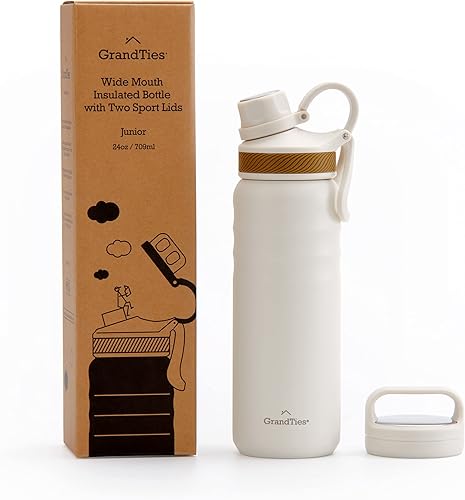 Miniatura 6 de GrandTies Botella de agua deportiva de acero inoxidable con 2 tapas, 24 onzas, reutilizable, boca ancha, aislada al vacío, botella de agua fría para