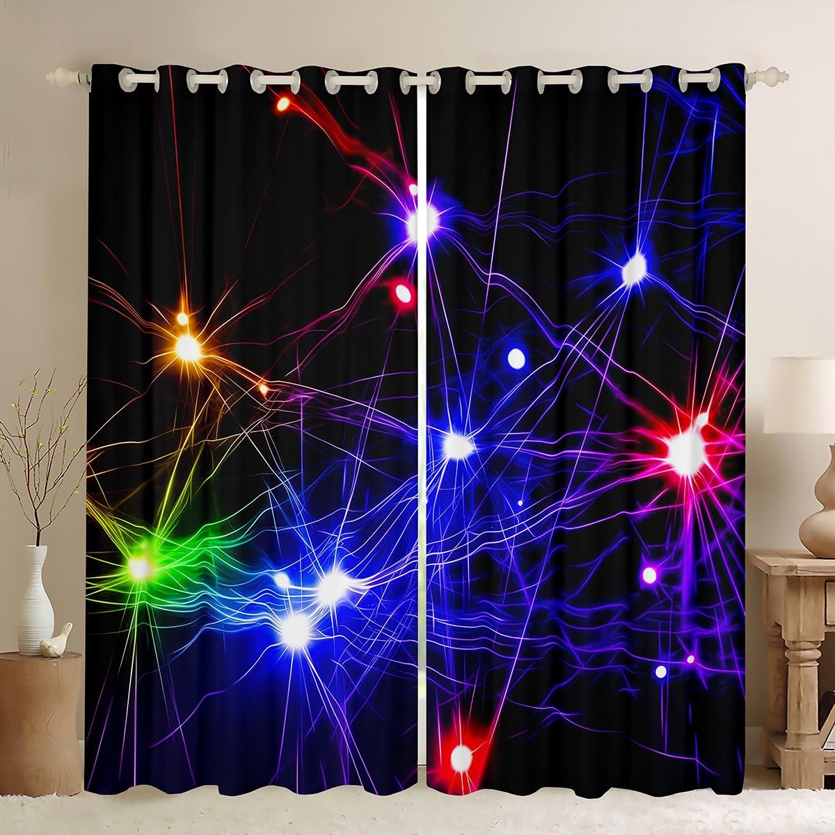 Homemissing Stripe Line Curtains(2 Panels,W46*L54) For Kids Boys Girls Teens Modern Abstract Art Darkening Blackout Window Curtains Neon Light Stripes Window Treatments โ image 1