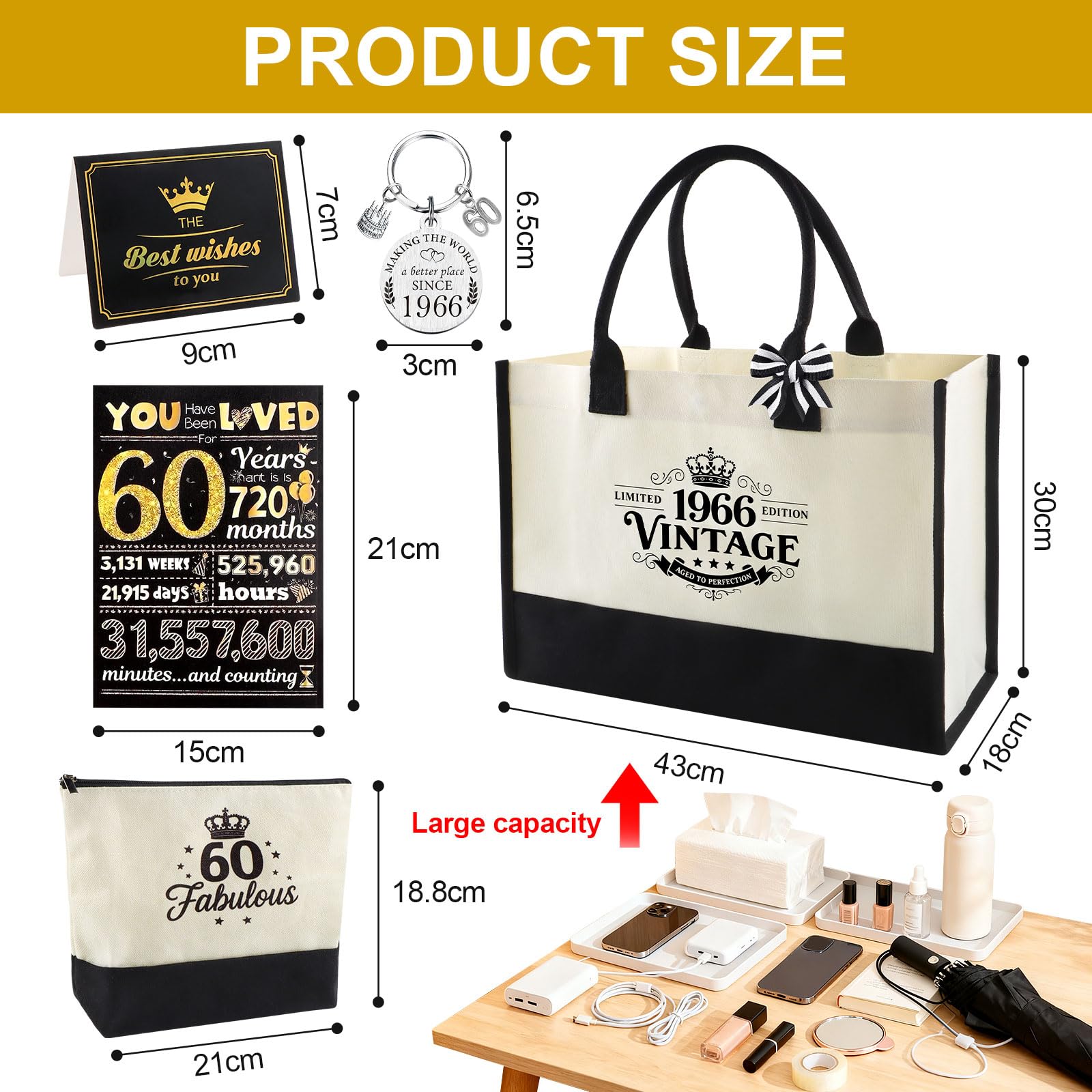 Regalo per compleanni, vintage, set regalo in tela con fodera impermeabile, biglietto di auguri, portachiavi sostenibile, regalo per mamma, fidanzata o moglie, bianco e nero