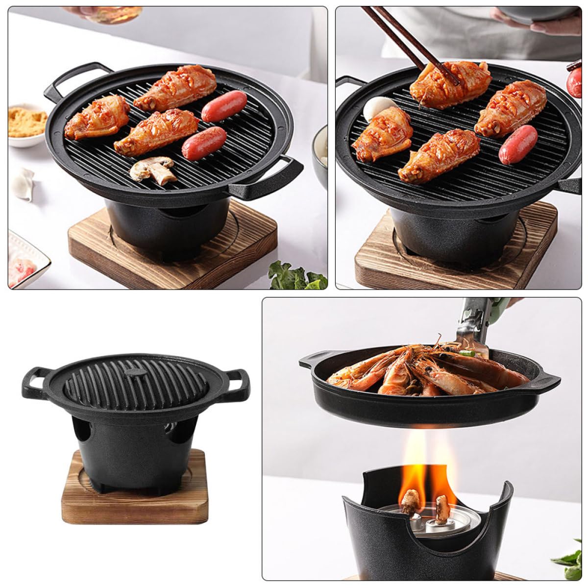 Wewnętrzny grill bezdymny piec na węgiel drzewny z koreańską patelnią grillową i mini stojakiem do grillowania – kompaktowy system gotowania na drewnianej podstawie do spotkań rodzinnych