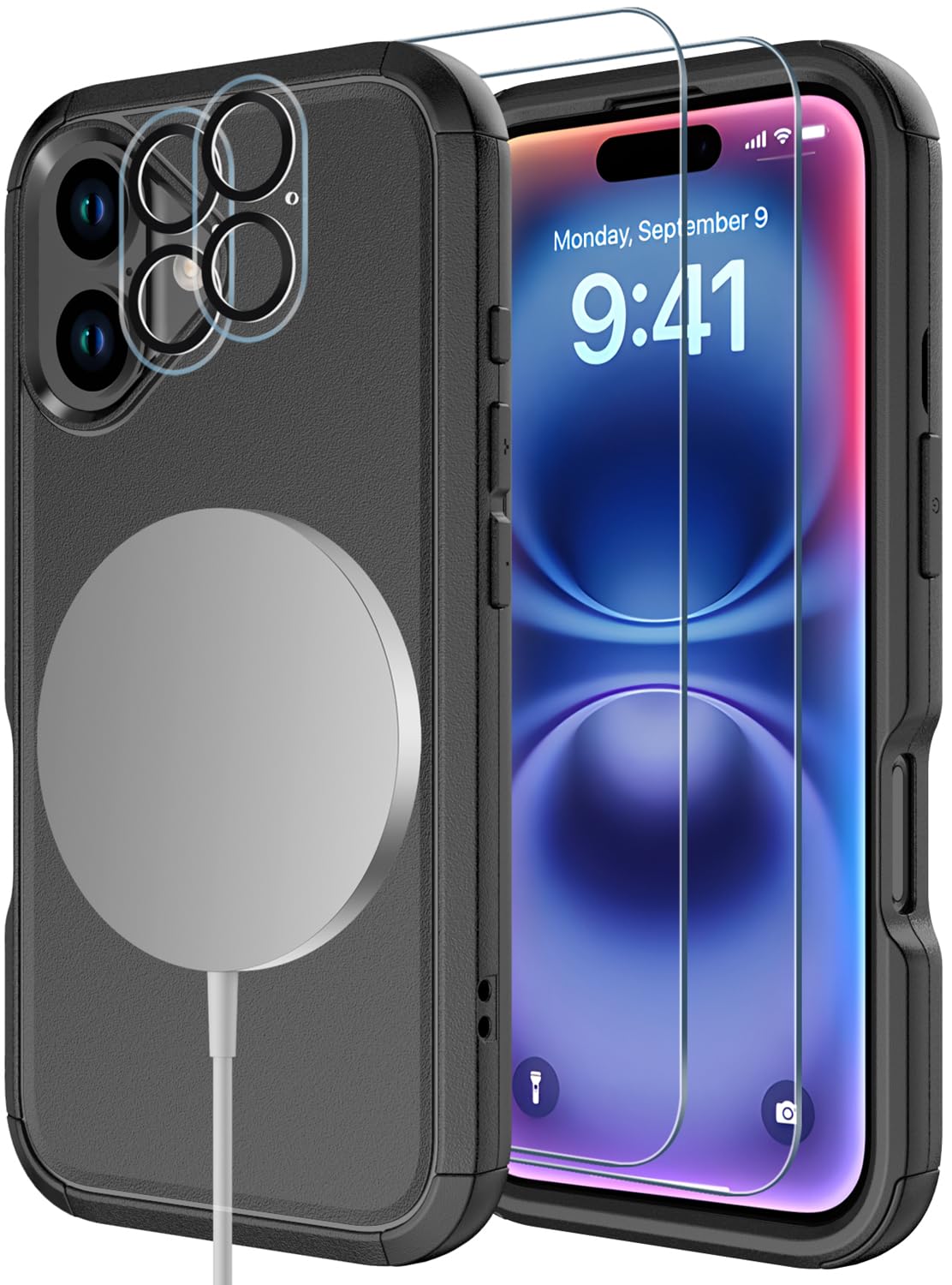 Diverbox for iPhone 16 Plus Case [Compatible with MagSafe][Shockproof] [Dropproof][Tempered Glass Screen Protector + Camera Protectors] Heavy Duty Protection Cover for iPhone 16 Plus (Magnetic Black)