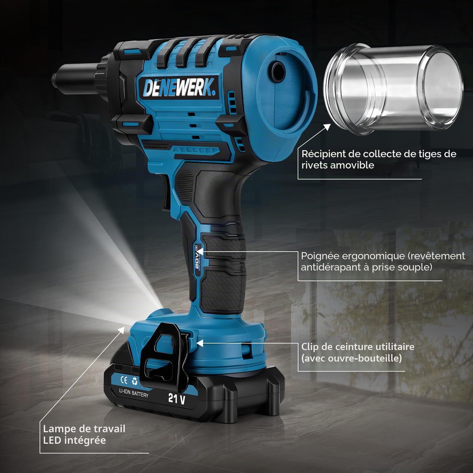 Pistolet à riveter sans fil compatible avec Makita 18V, Pince à rivets électrique 10 000N, Pour rivets aveugles en acier 2,4-4,8 mm & rivets aveugles en aluminium 2,4-6 mm, course 25 mm(sans batterie)