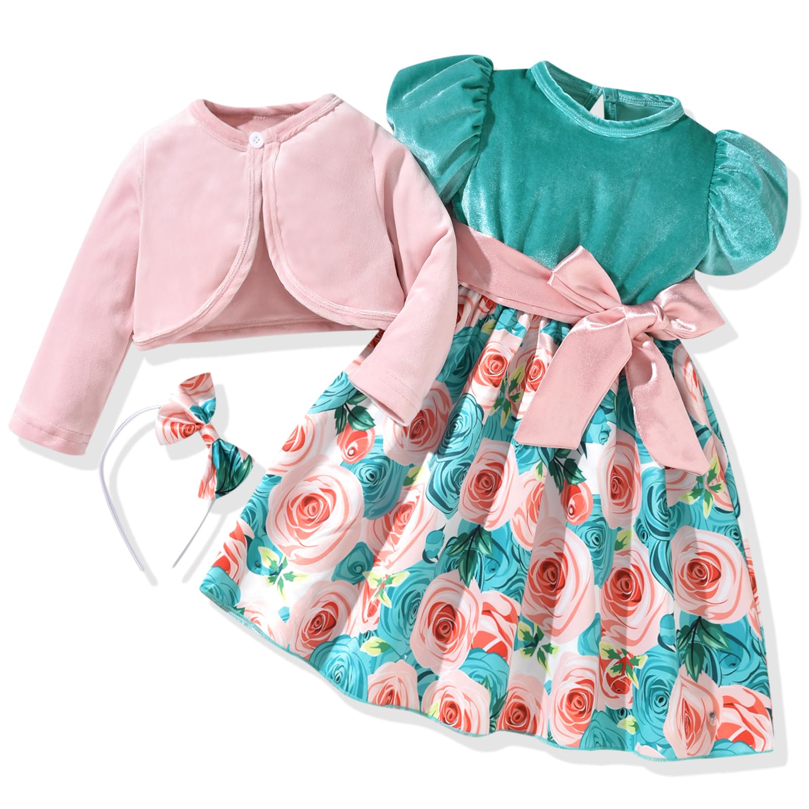 fioukiay Baby Girls Dress and Velvet Cardigan Sets Infant Girls Casual Floral Print Fall Dresses Winter with Headband