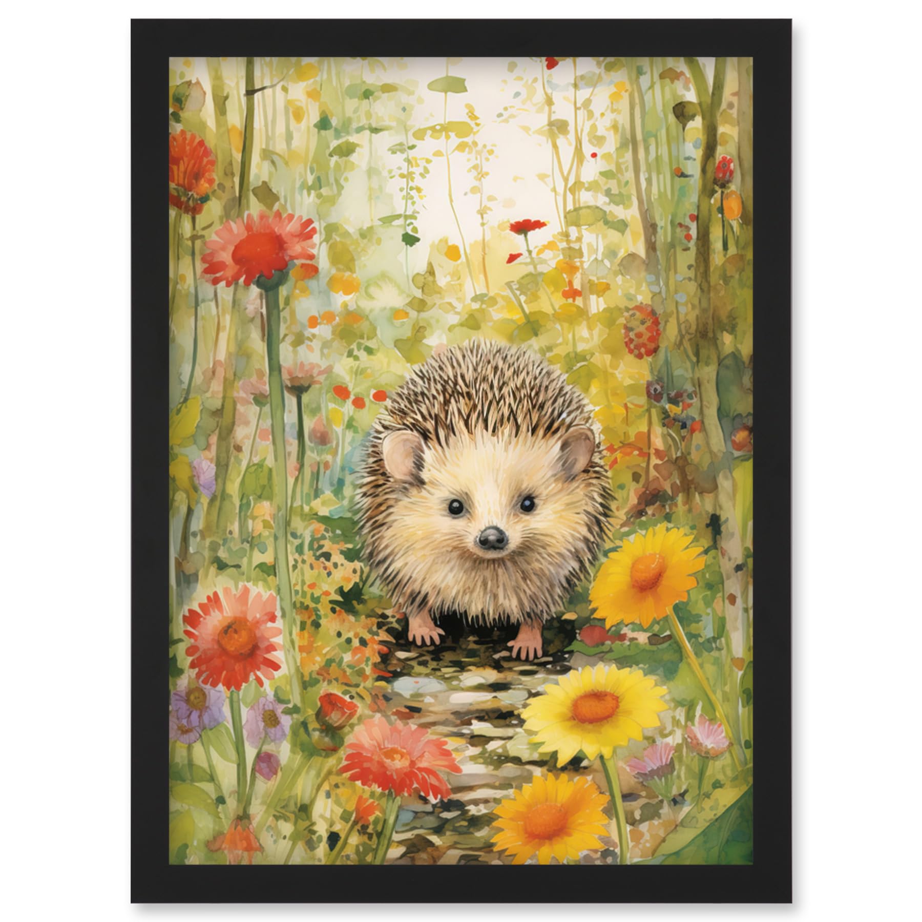 Artery8 Adorable Hedgehog in a Wildflower Meadow Watercolour Painting Kids Bedroom Cute Woodland Creature Artwork Framed Wall Art Print A4