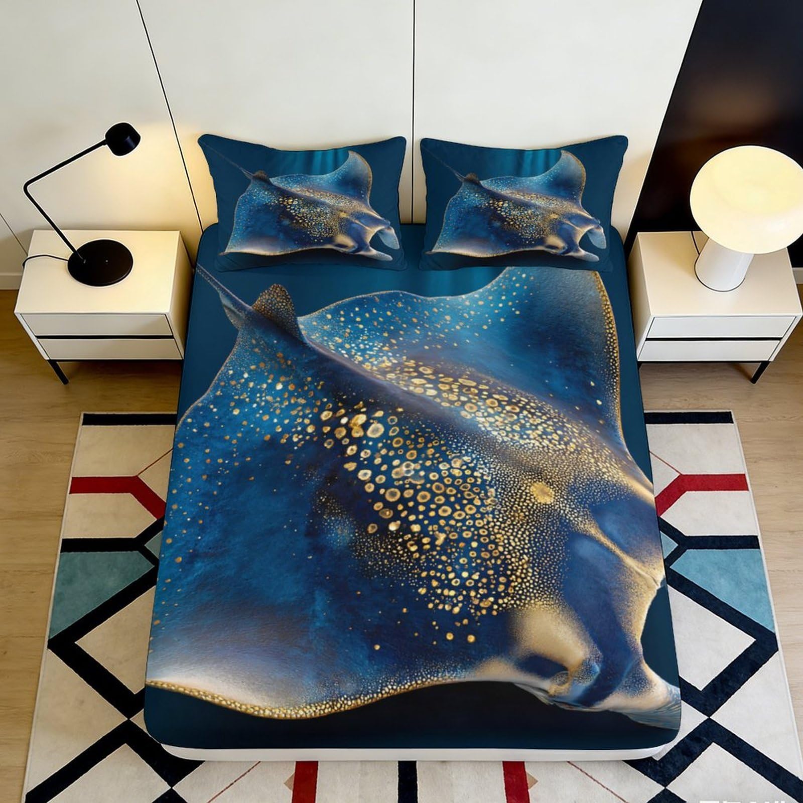 3D Printed Whale Shark Fitted Sheet Microfiber Deep Pocket Elastic Hem Bedding for Adults Whale Shark Mattress Fitted Cover Washable 200x200x25cm