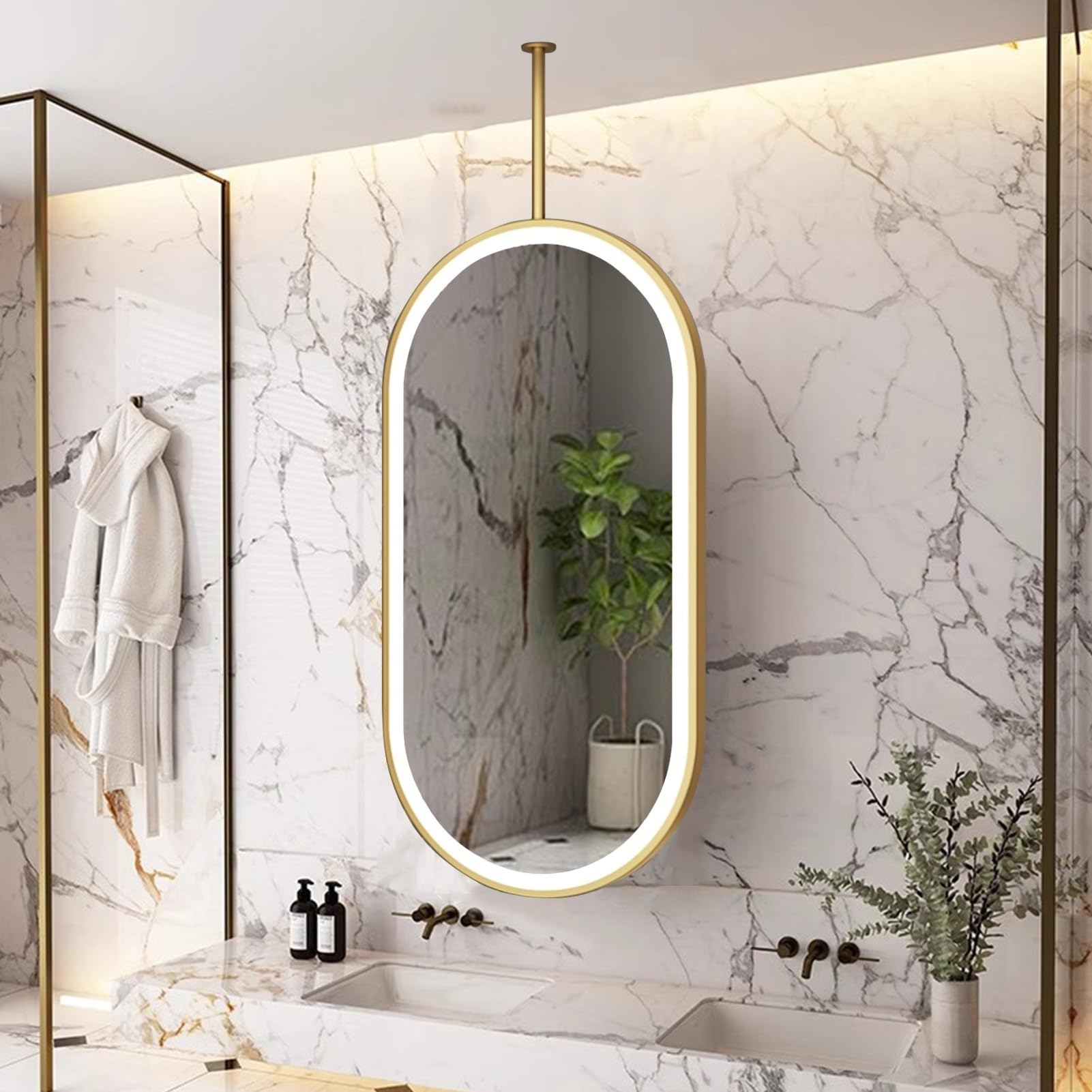 Specchio Ovale da Bagno con luci LED, Specchio a soffitto in Vetro temperato HD, Specchio da Parete per Trucco in Bagno, Camera da Letto, Soggiorno, Oro (40 cm x 70 cm)