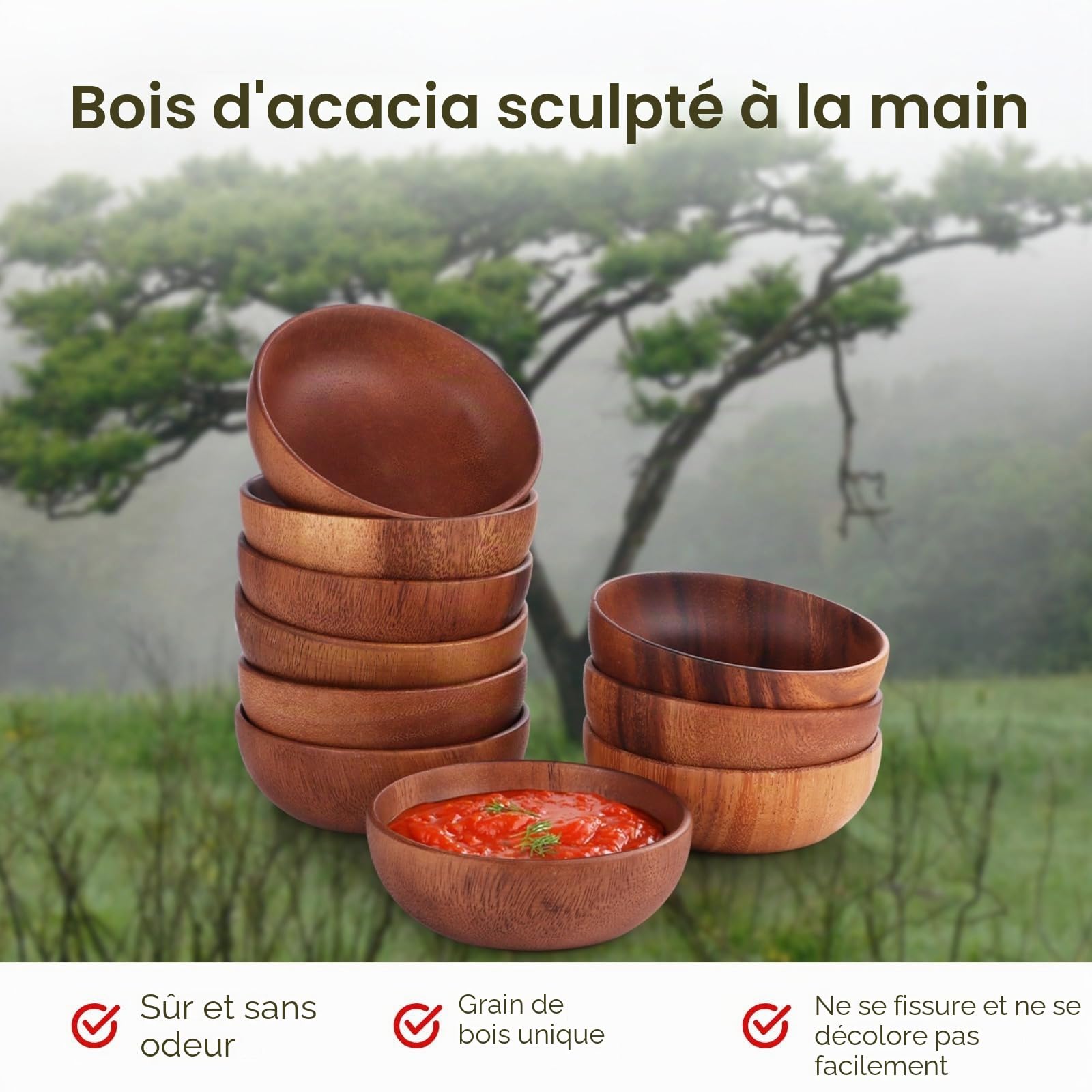 Lot de 10 bols ronds en bois d'acacia fabriqués à la main, parfaits pour salade, sauces, apéritifs, condiments, noix, bonbons et céréales, plateau de service