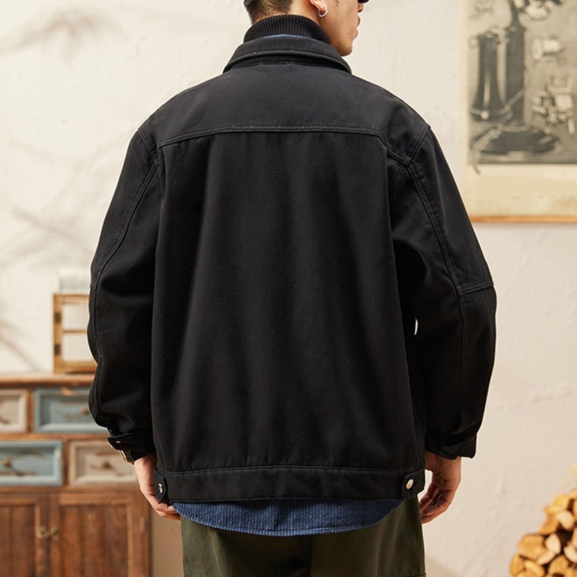 Giacca da lavoro da uomo, calda, foderata in sherpa, con tasche | Fodera in pelliccia sintetica, esterno in denim spesso, cappotto da camionista con colletto con risvolto