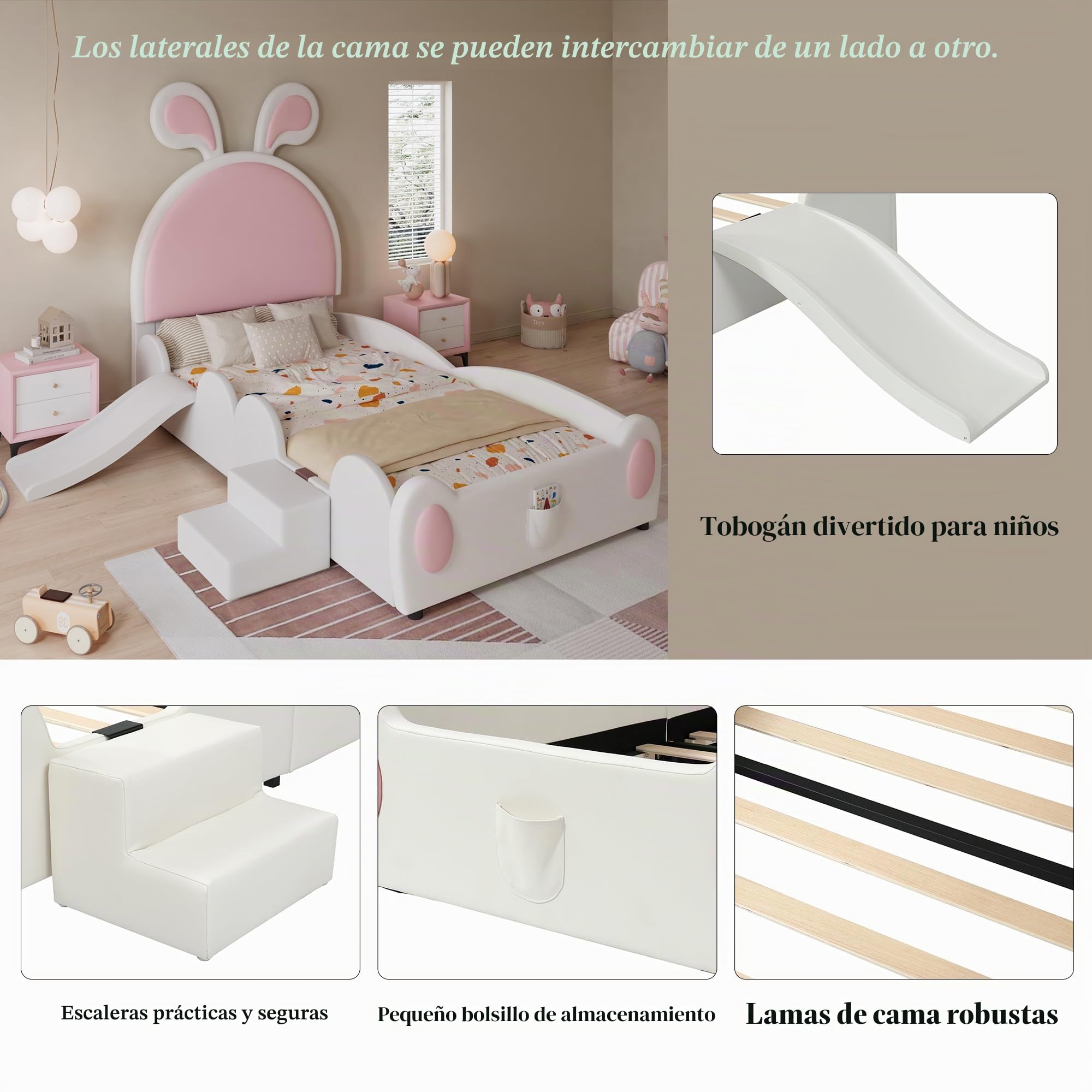 Dolamaní Cama infantil para niña de 90 x 200 cm, con escalera pequeña y tobogán infantil, cama tapizada de poliuretano con orejas de conejo, cama individual (blanco y rosa)