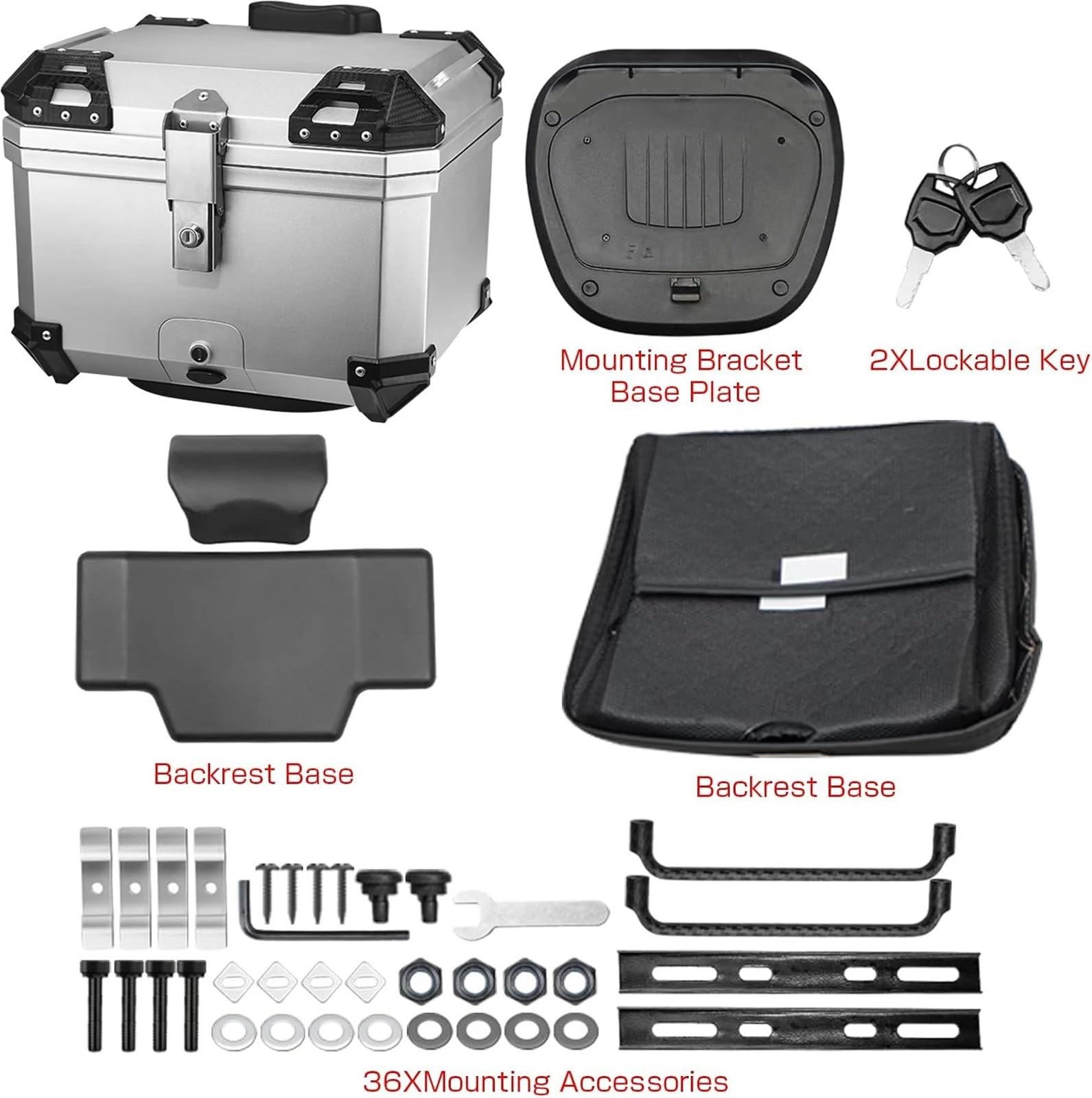 Motocicleta Top Case Caja Universal de plástico para Casco de Motocicleta de 45 l, Resistente al Agua y con absorción de Impactos, con 2 Llaves. Caja de Cola Motocicleta(45L Silver Box)
