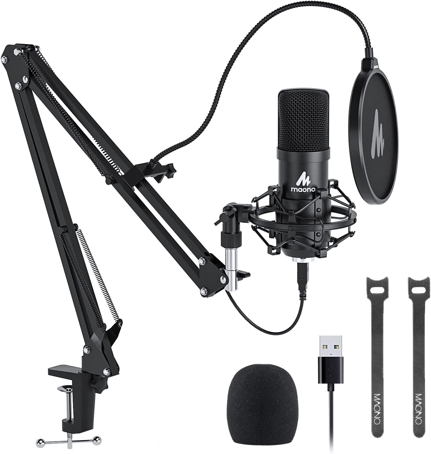 MAONO USB Microphone Condenser, Microphone, PC Microphone Set, Microphone Stand with Arm Stand Included, Recording, Live Broadcast, YouTube, Game Commentary, Work from Home AU-A04