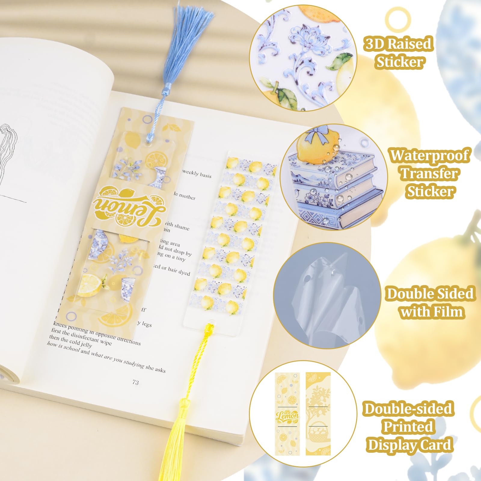 WANDIC 24Pcs Cartoon Lemon Theme Acrylic Bookmarks with UV DTF Transfer Stickers - DIY Waterproof Cartoon Lemon Design, Handcraft Scrapbooking Supplies with Tassels for Journaling Presents - Image 3