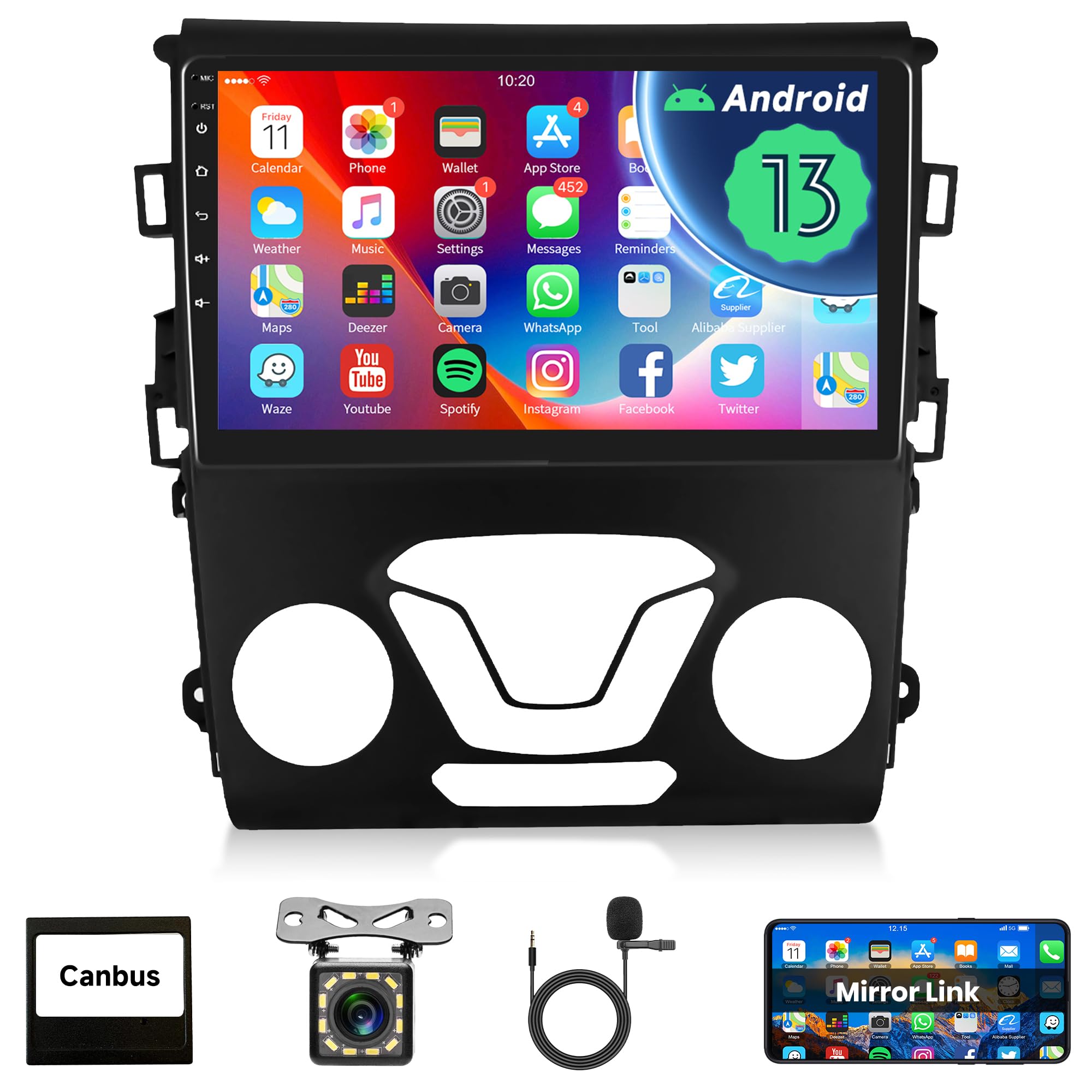 Android 13 Car Radio for Ford Fusion 2013-2019 GPS Navigation, Rimoody Car Stereo 9 Inch Touchscreen WiFi Mirror Link Bluetooth FM SWC Rear View Camera Microphone 1G+32G No Carplay