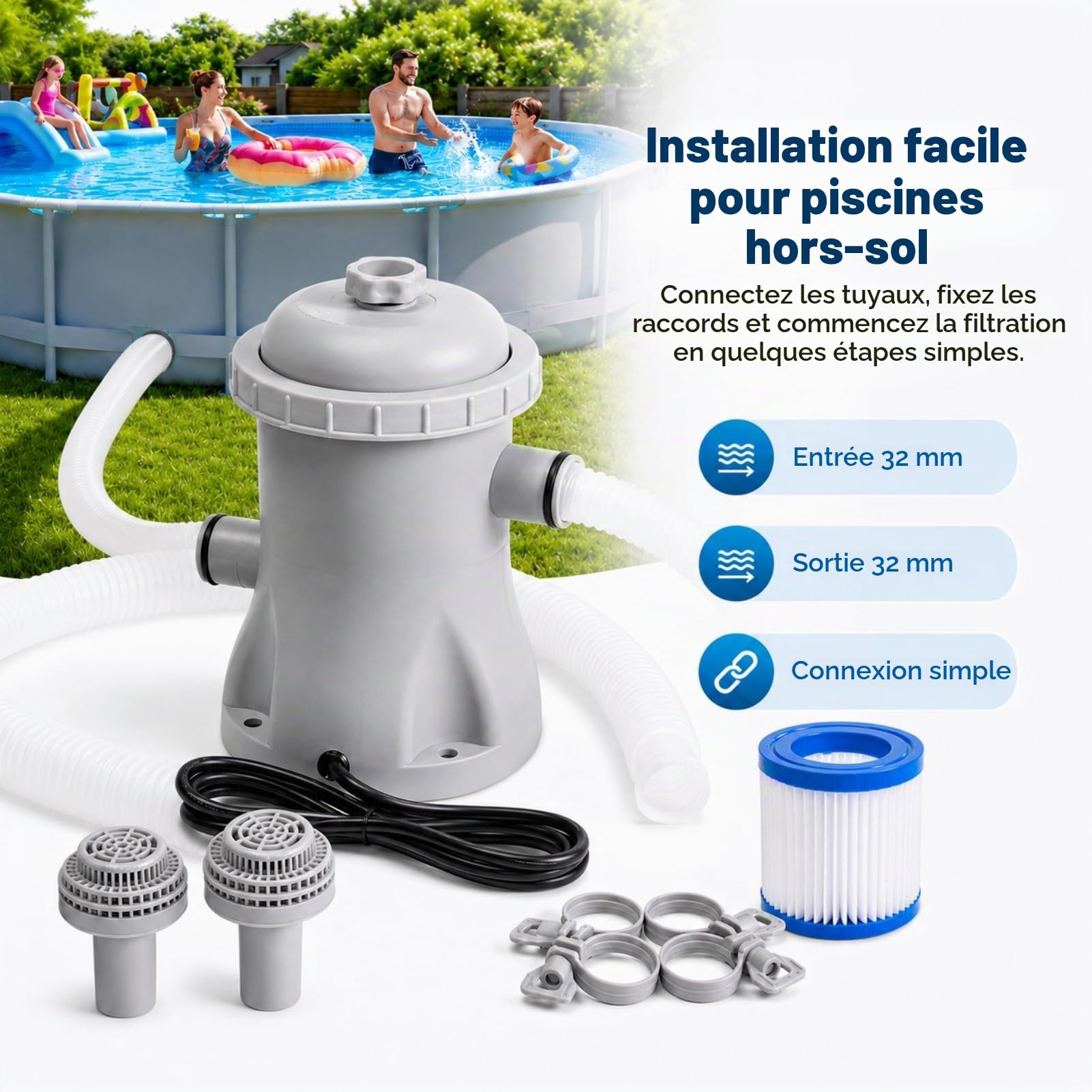 Pompe Filtration Piscine Hors Sol 330 GPH, 16 W avec tuyau – Circulation d'eau claire, design ABS scellé silencieux pour piscines de petite et moyenne taille