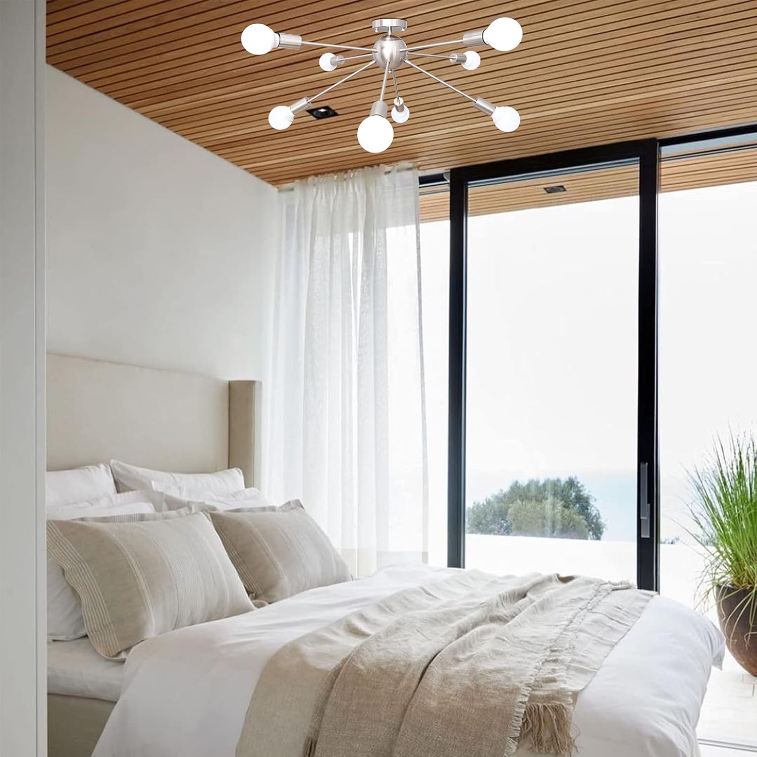 Nickel 8-Light Geometric Sputnik Semi Flush Mount Chandelier