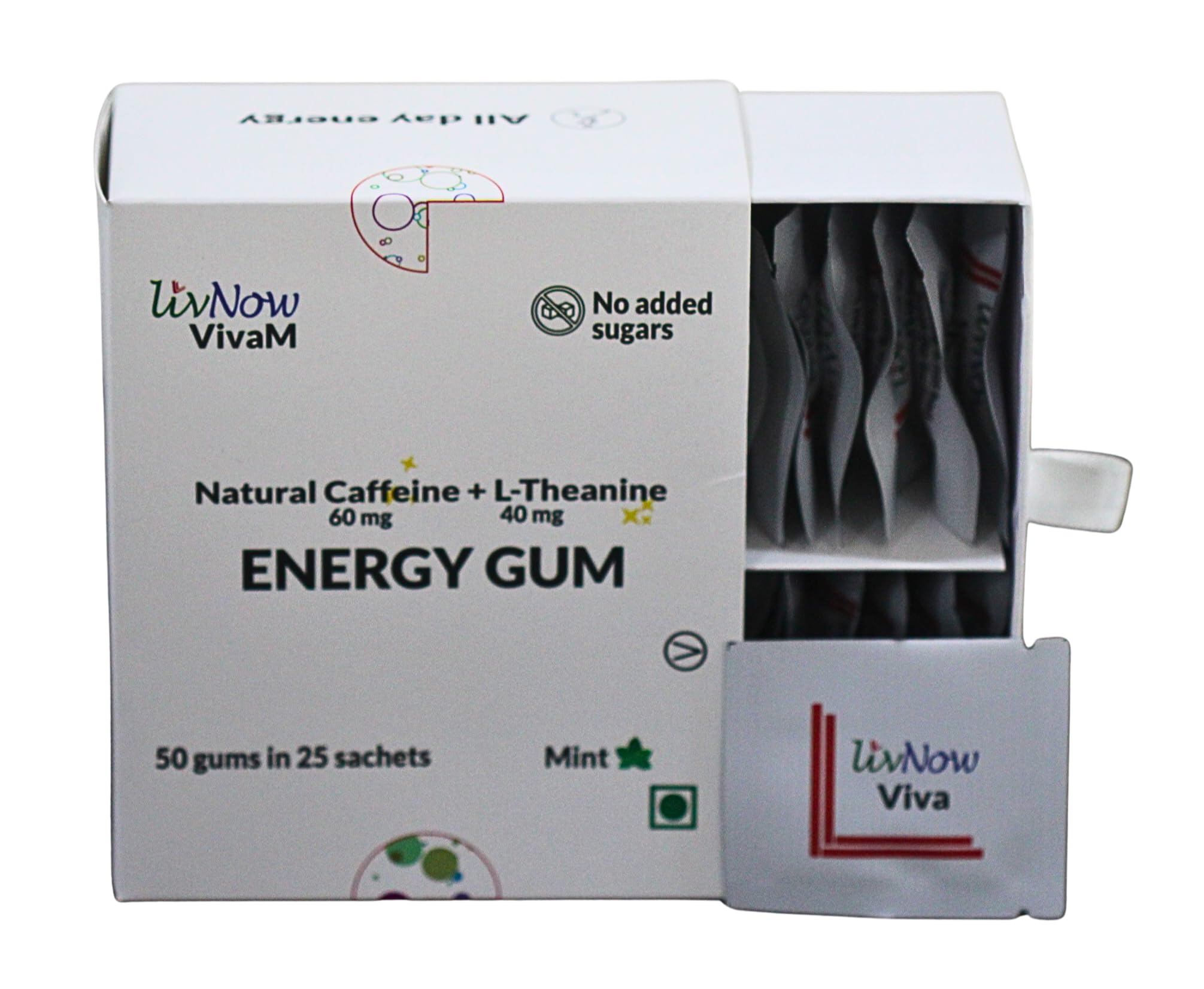 livNow Viva M | Caffeine and L-theanine Energy Chewing Gum | All Day Energy | Refreshing Mint Flavor | Box with 50 Gums in 25 Sachets — Amazon image 3