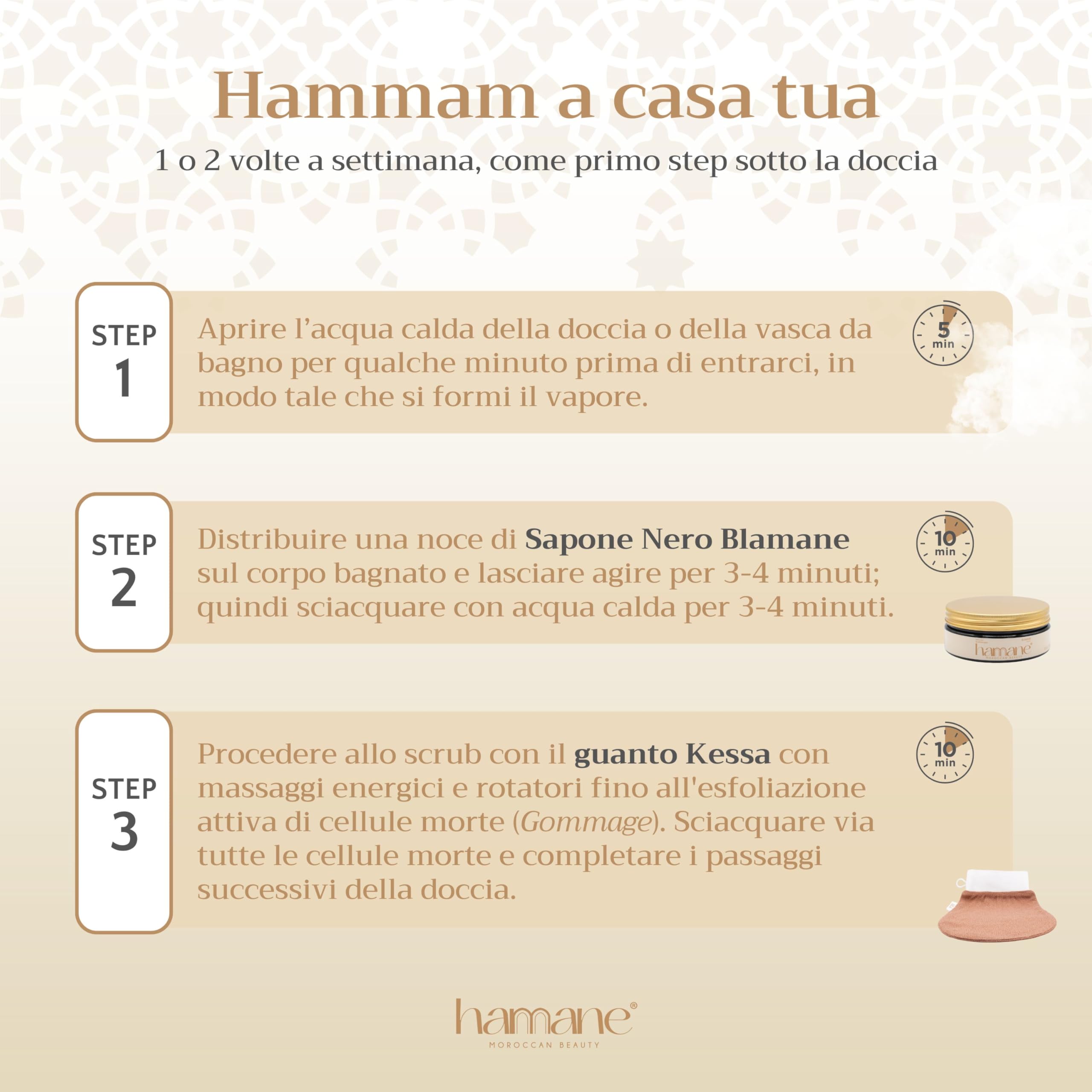Beauty, Kit Esfoliante Hammam con Guanto Kessa Marrone e Sapone Nero Marocchino 100 g, Ideale per Scrub Corpo, Pulizia Profonda ed Esfoliazione Delicata, Profumo Gelsomino