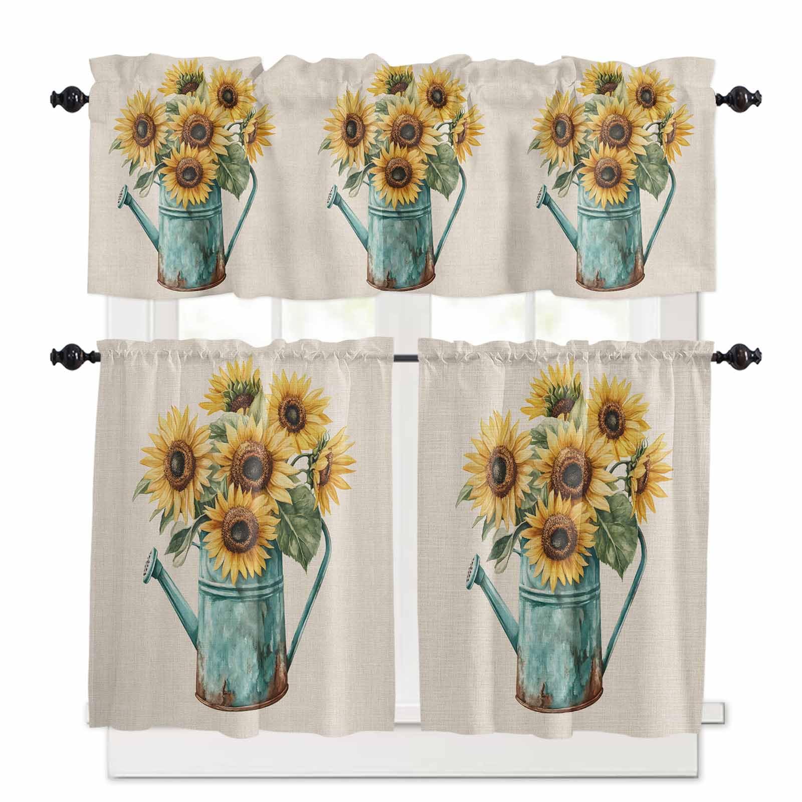 Sunflower Kitchen Curtains 24 Inch Length,3 Piece Rod Pocket Small Half Tiers and Valance Set,Country Botanical Blooms Floral Garden Flowers Small Large Window Treatment Decor for Bedroom/Bathroom