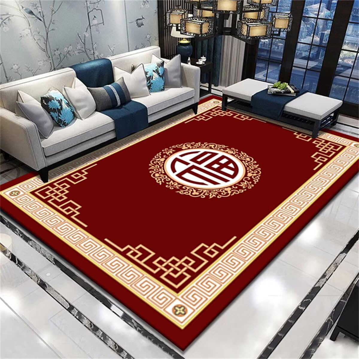 Tapis de salon rétro rouge 160X200CM rectangulaire lavable pour séjour et chambre