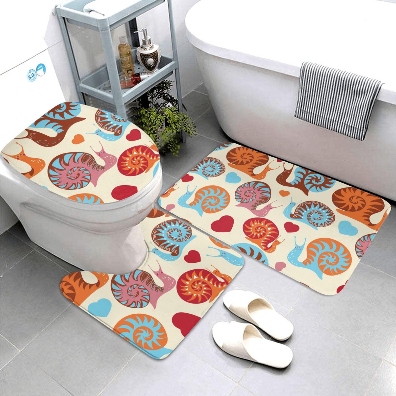 Set di 3 tappetini da bagno con motivo lumaca, in flanella, morbido, antiscivolo, con coperchio, decorazione per la casa