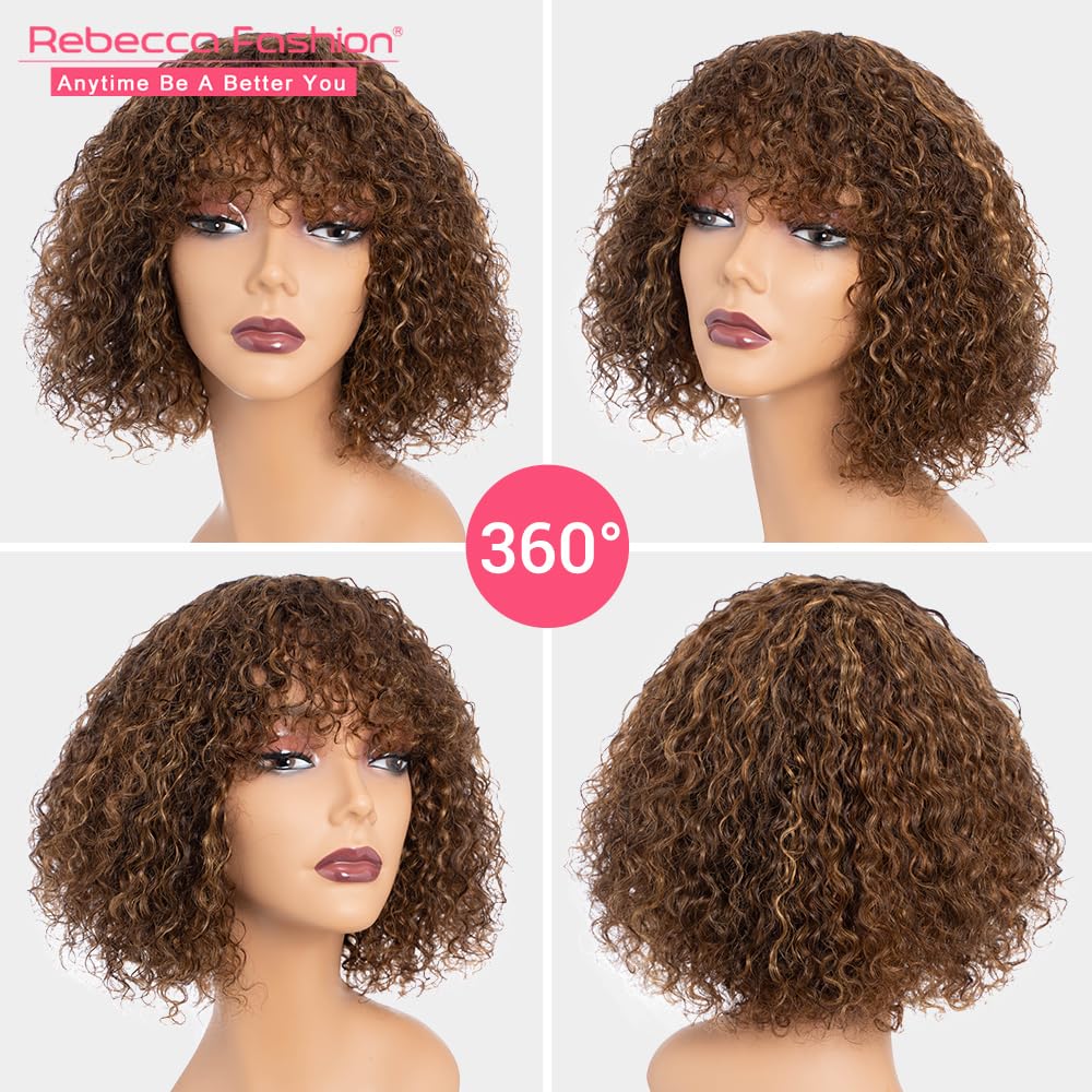 Rebecca Fashion Highlight Brown Blonde Curly Bob Wigs with Bangs Human Hair 10 Inch Short Curly Water Wave Bob Wig Human Hair Wigs for Black Women Glueless Wig 100% Brazilian Remy Hair - Image 4