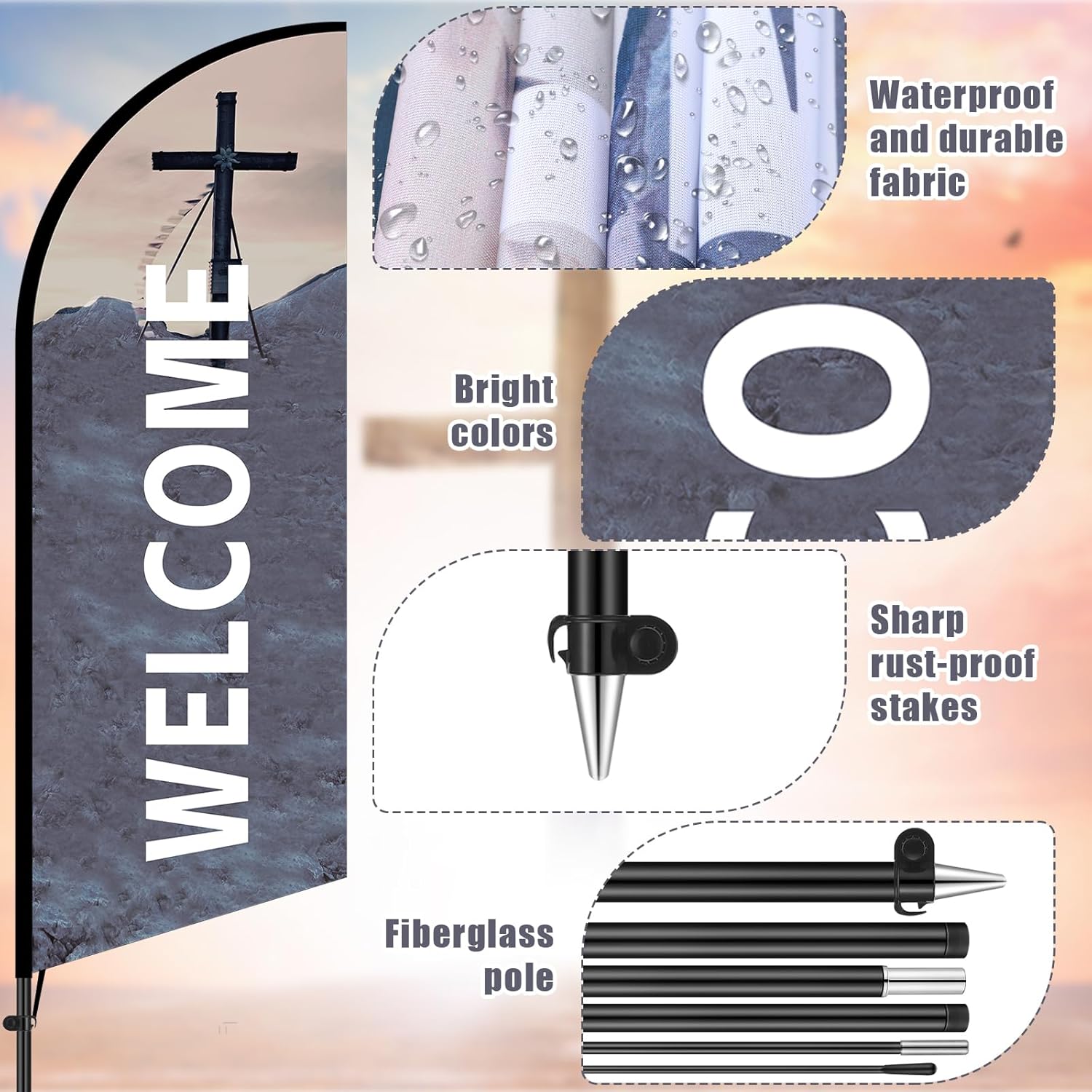 Buryeah 2 Sets Church Sign Feather Flag 7 ft Church Swooper Flag with Fiberglass Poles and Point Stake Welcome Banners for Outdoor Business and Events Promotion