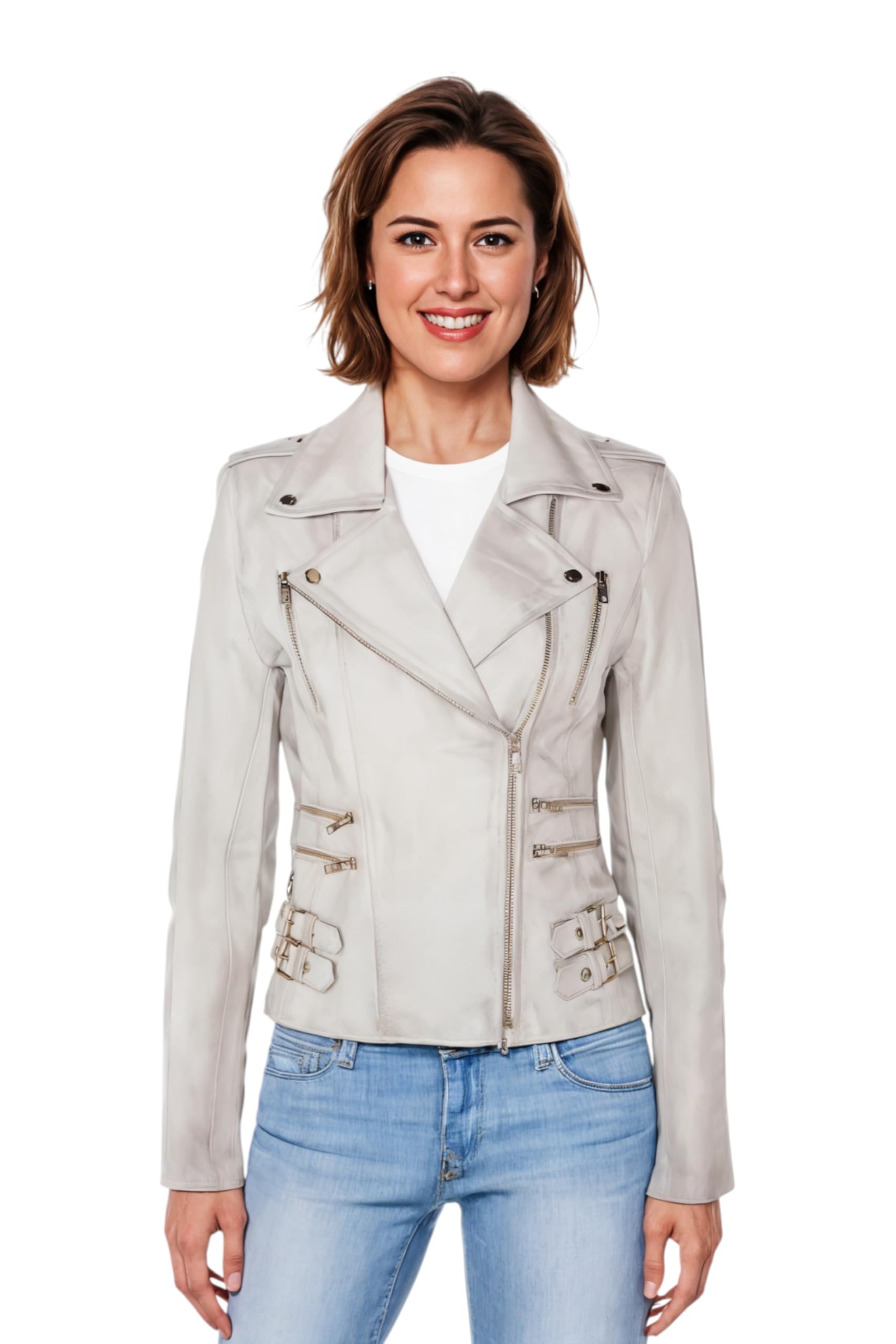 Ladies Leather Biker White Real Lamb Nappa Vintage Gothic Buckle Jacket