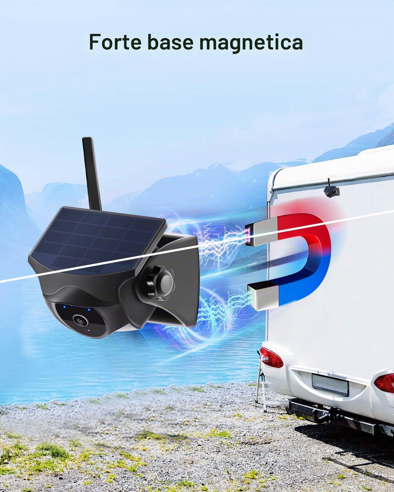 1080P - Telecamera per retromarcia a energia solare, senza fili, con visione notturna, 365 giorni, IP66, batteria ricaricabile per rimorchi, camper, camion, auto, compatibile con cellulare Android