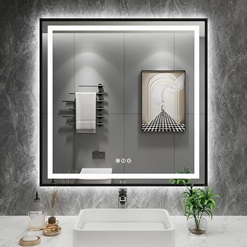 Amorho 36"X36" LED Bathroom Mirror with Black Frame, Front Light and Backlit, Stepless Dimmable, Anti-Fog, Shatter-Proof, Memory, 3 Colors, Double LED Vanity Mirror