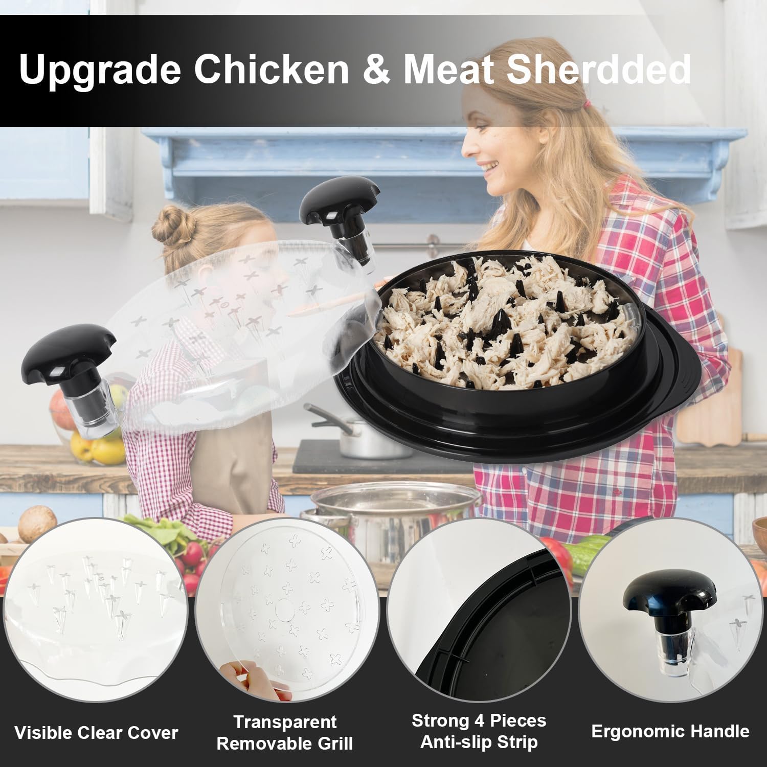 Broyeur de poulet Twist avec couvercle transparent - Broyeur de viande - Broyeur de poitrine de poulet - Brosse de nettoyage - Résistant à la chaleur - Antidérapant - Poignée ergonomique - Passe au