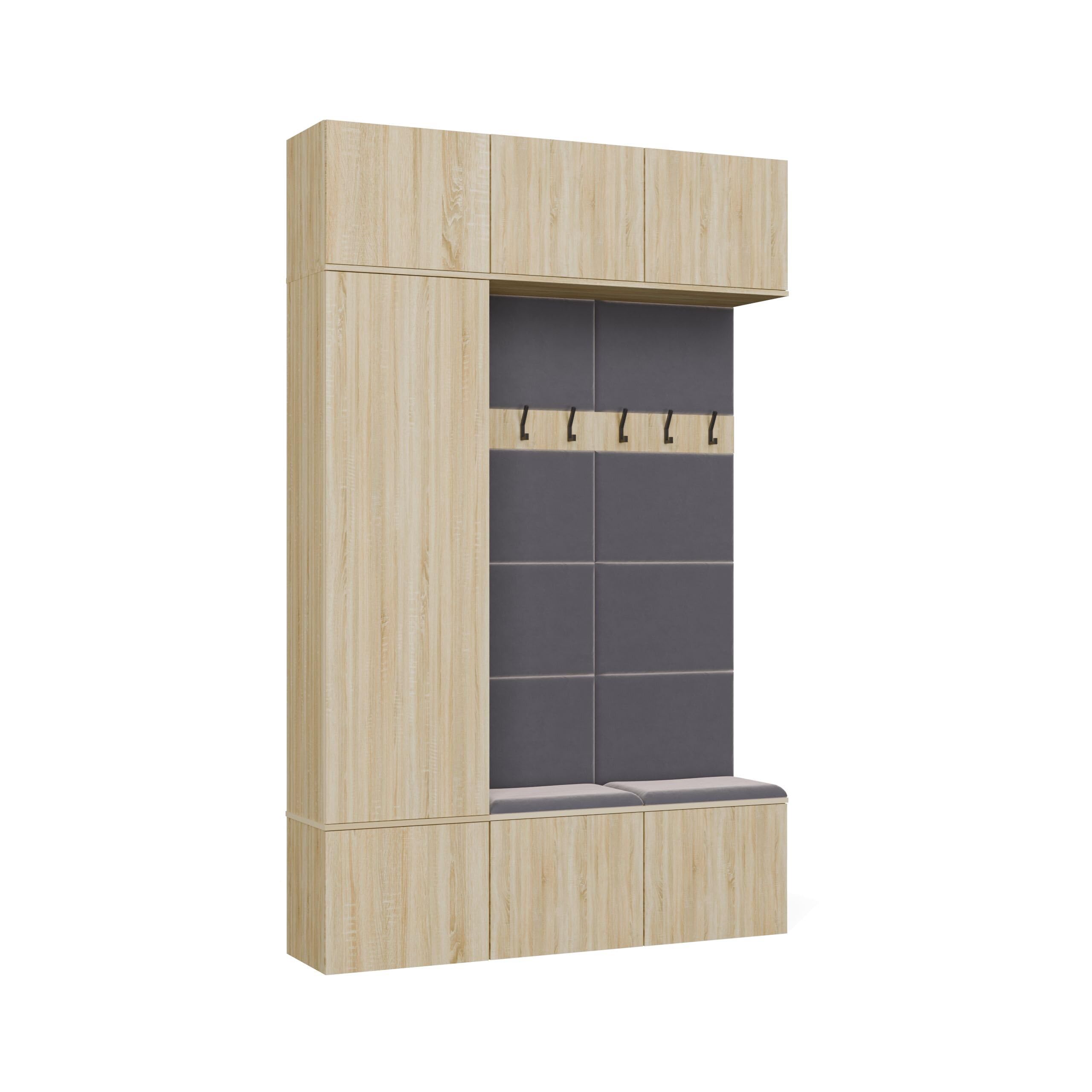 Mobile Ingresso Moderno 150x238 cm con Armadio, Scarpiera e Appendiabiti - Mobile Guardaroba Ingresso Chiuso con Schienale Imbottito e Apertura Tip-On Componibile MIT10 (Rovere chiaro/Grigio)